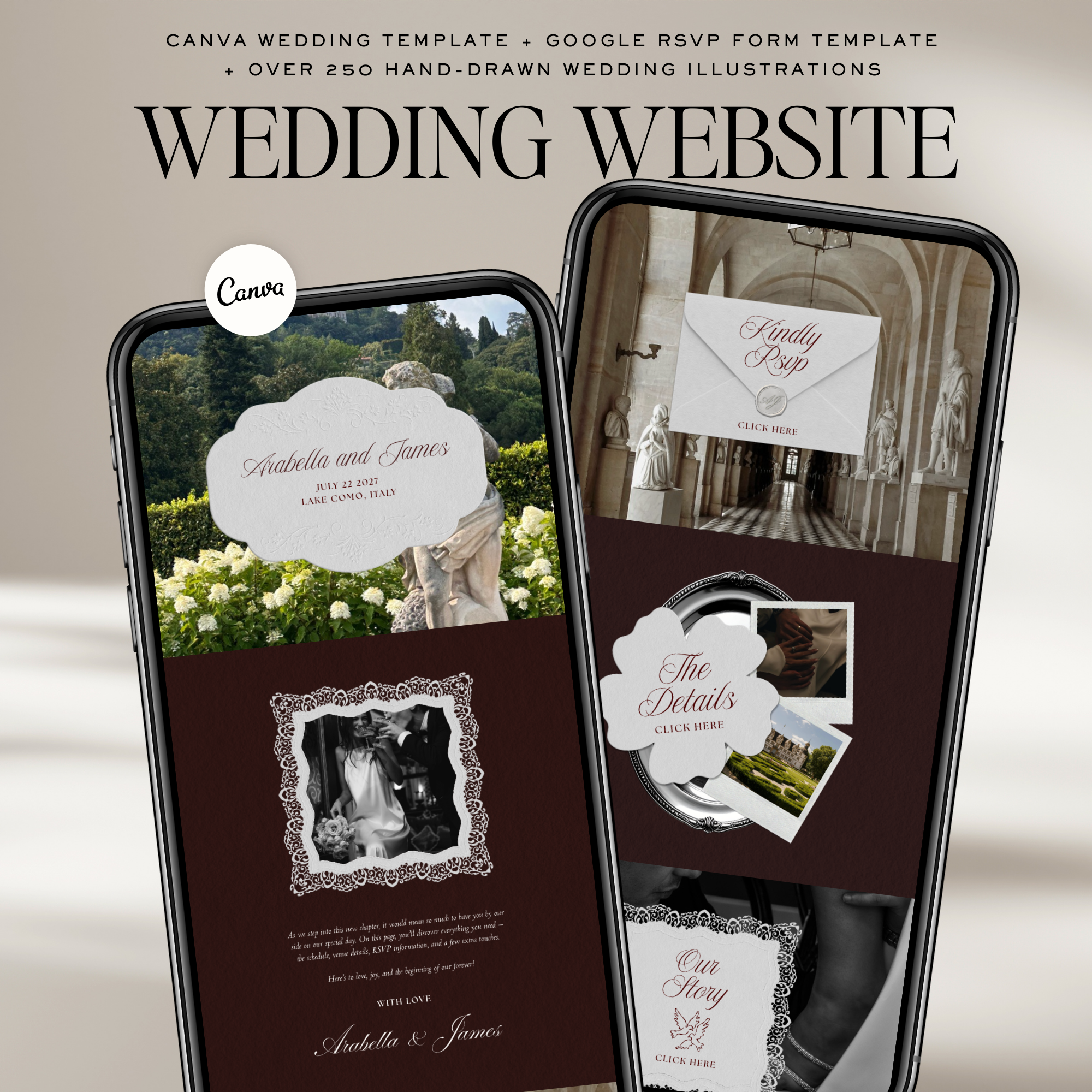 Old Money Wedding Website Template with RSVP (Burgundy)