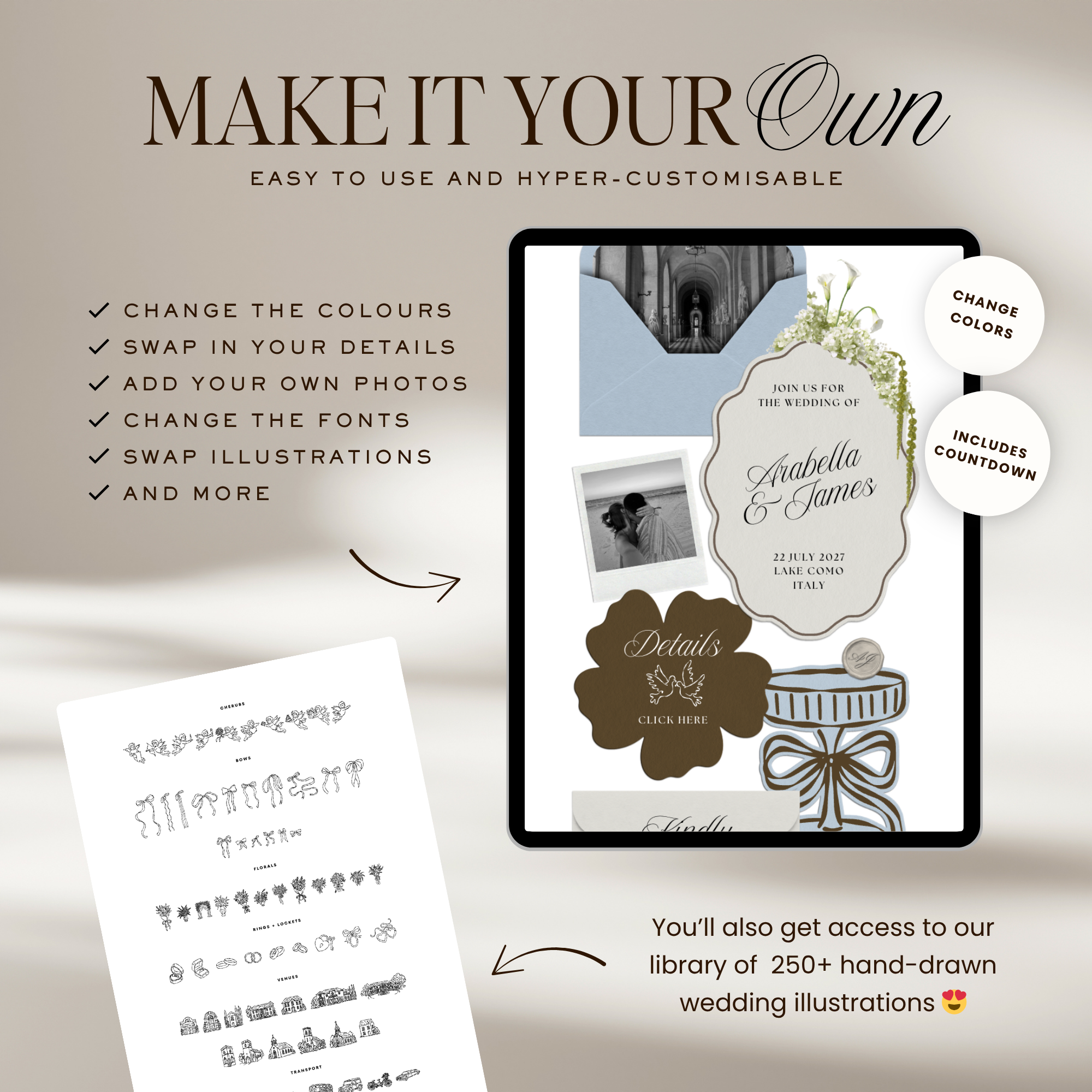 Wedding Website Template with RSVP (Brown & Dusty Blue)