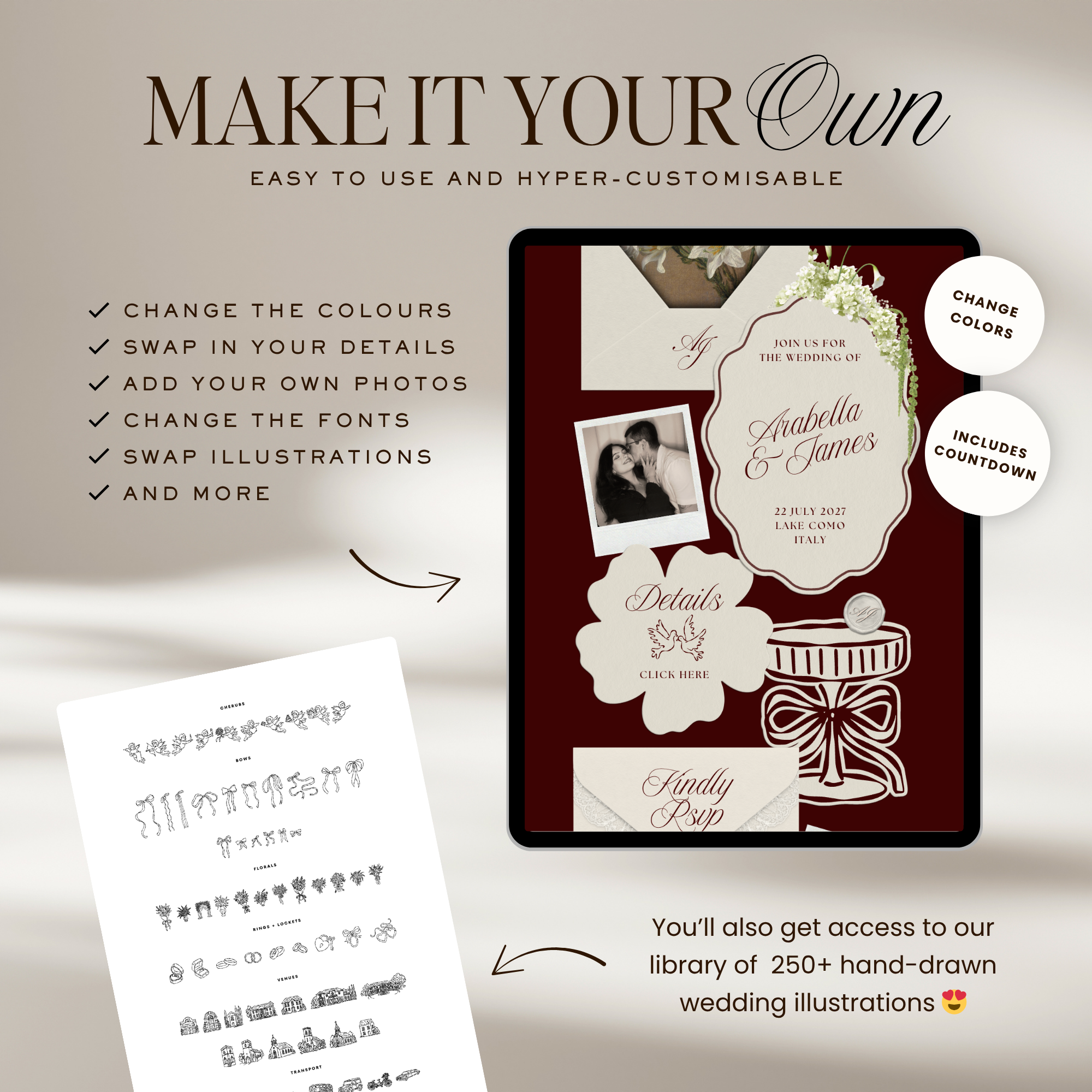 Old Money Wedding Website Template with RSVP (Burgundy)