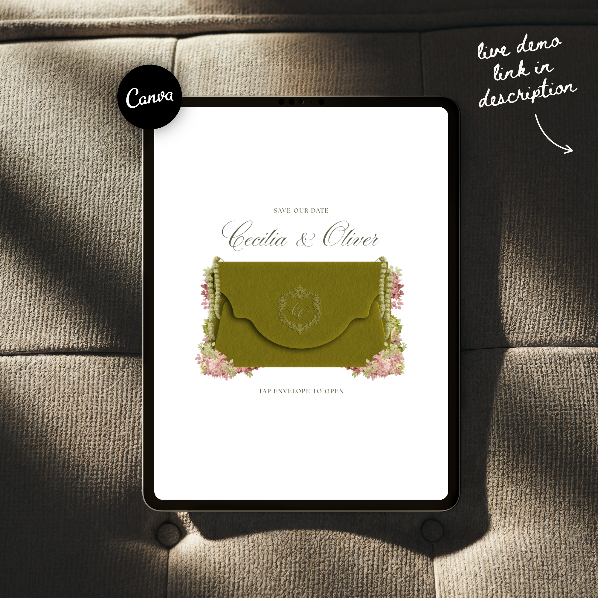 Save The Date Wedding Website Template (Envelope 04 - Olive Green & Burgundy)