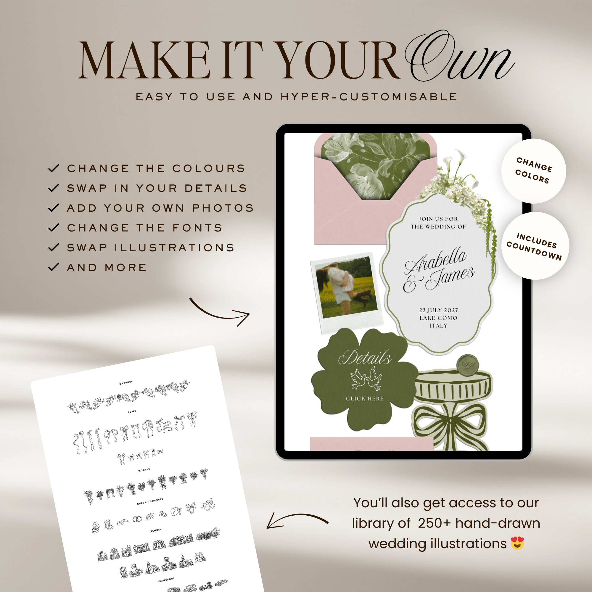 Wedding Website Template with RSVP (Pink & Green)