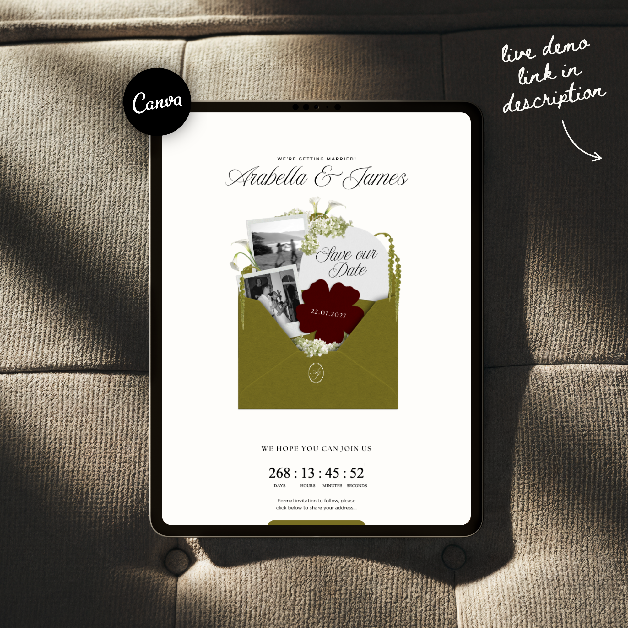 Save The Date Wedding Website Template (Olive Green & Burgundy)