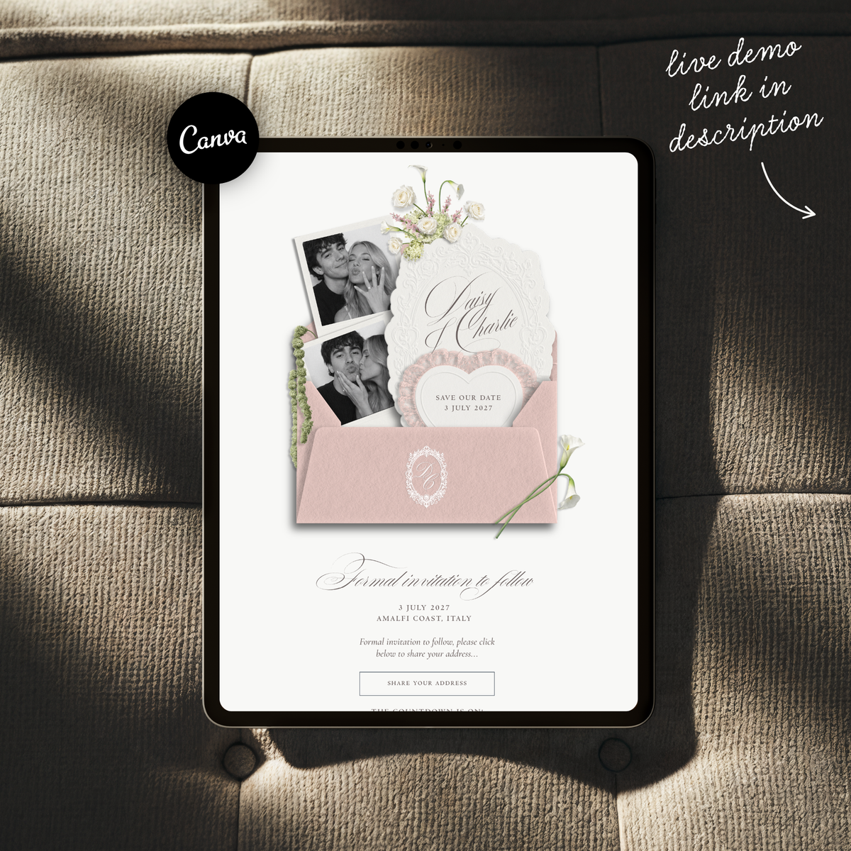 Save The Date Wedding Website Template (Envelope 07 - Pink + Ivory)