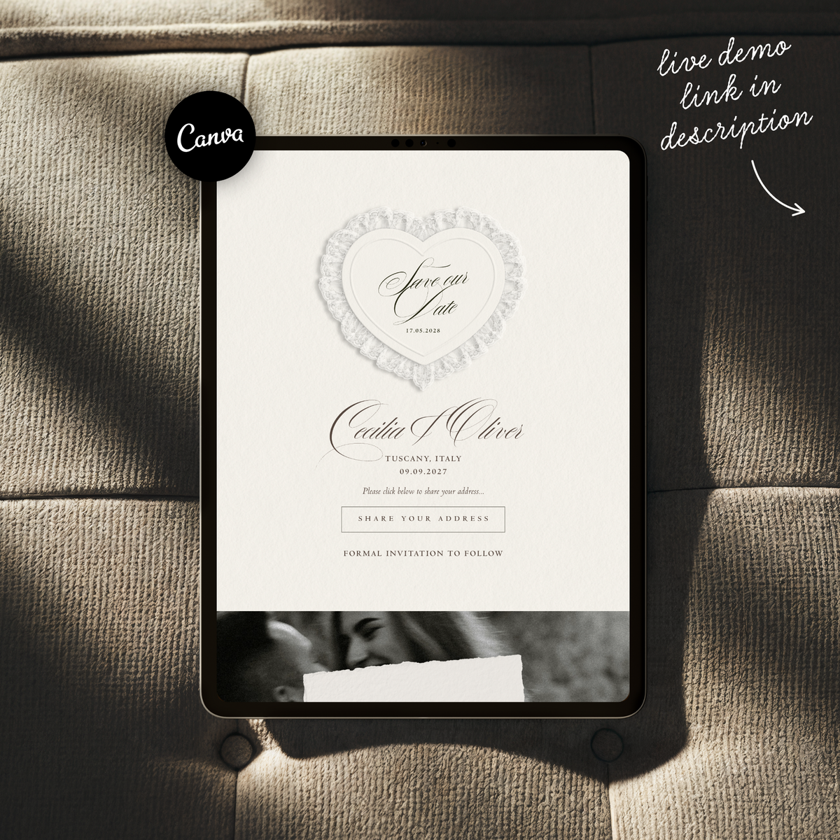 Lace Heart Save The Date Website Template (Lace 03 - Ivory)