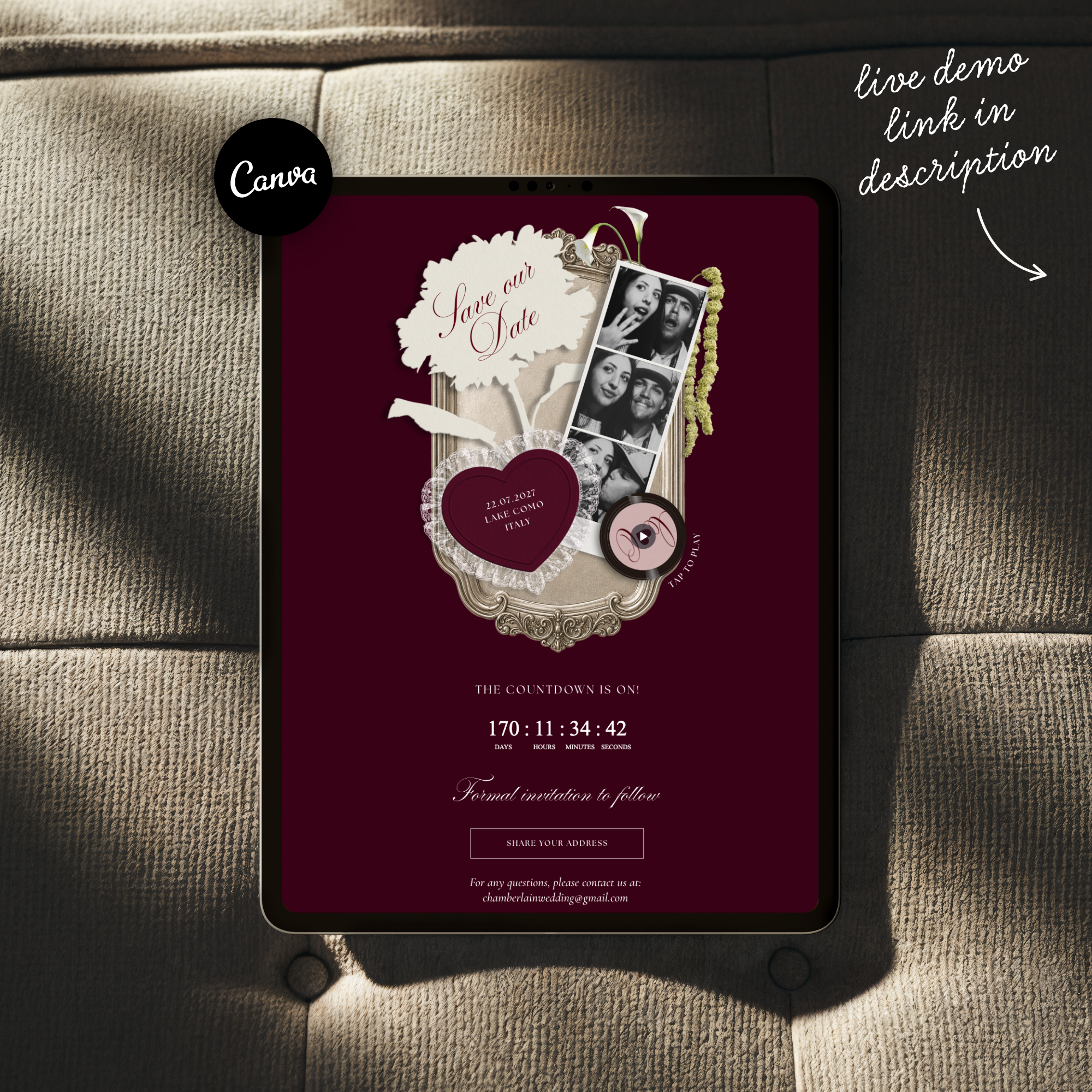 Save The Date Wedding Website Template (Photo Booth Animation 01 - Burgundy)