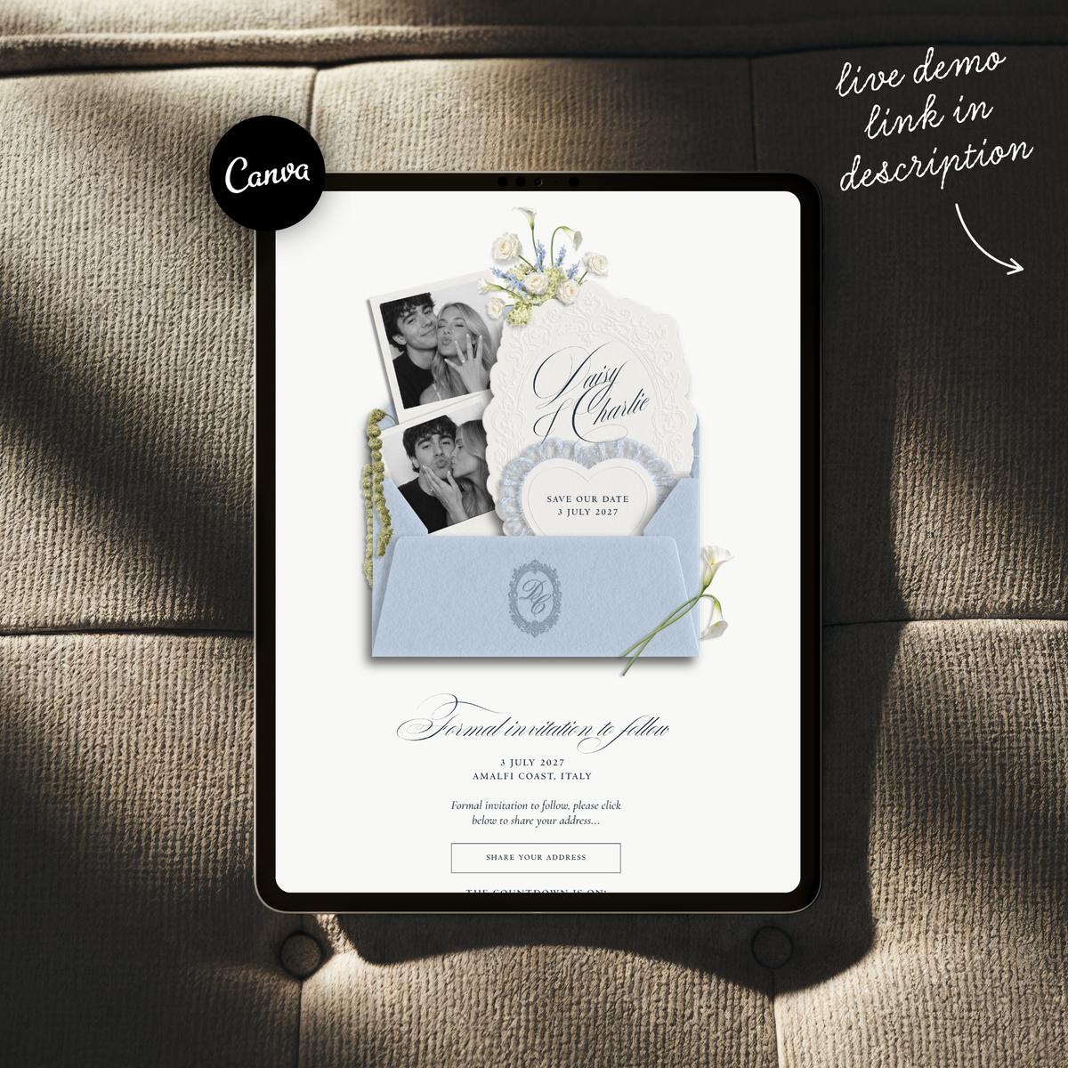 Save The Date Wedding Website Template (Envelope 07 - Blue + Ivory)