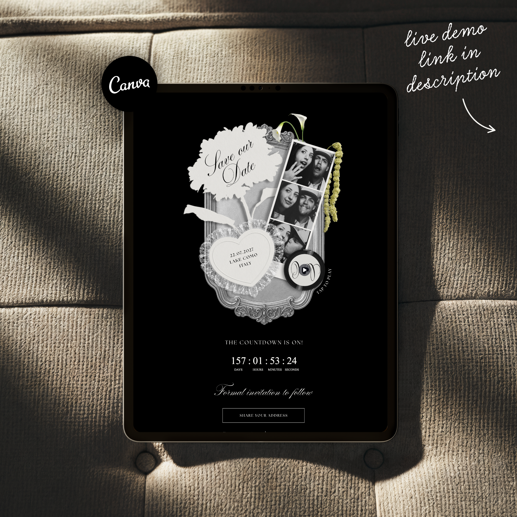 Save The Date Wedding Website Template (Photo Booth Animation 01 - Black)