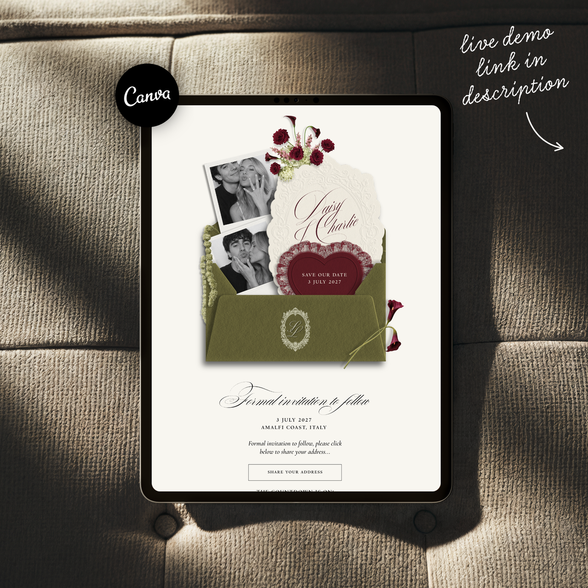 Save The Date Wedding Website Template (Envelope 07 - Green + Burgundy)