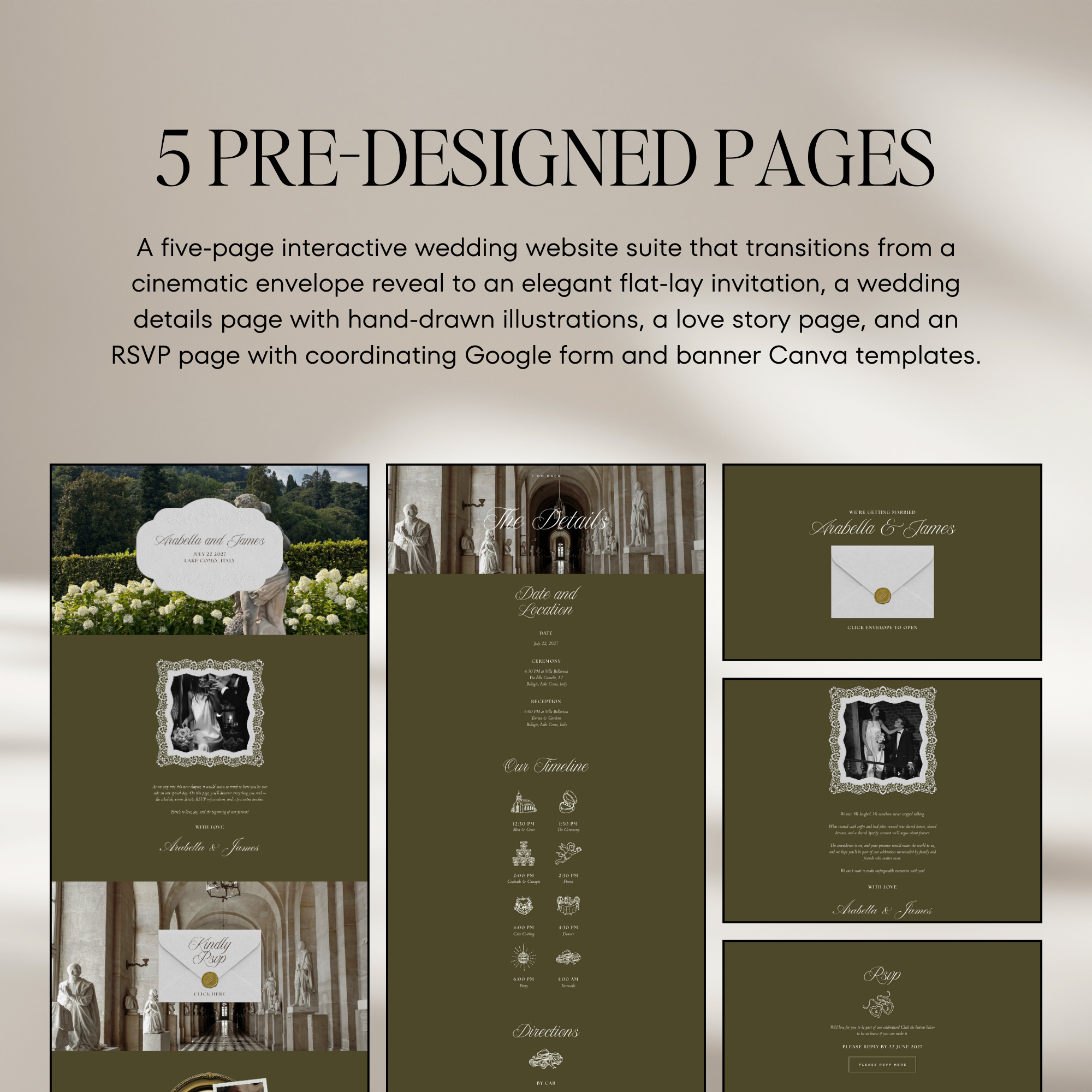Old Money Wedding Website Template with RSVP (Olive)