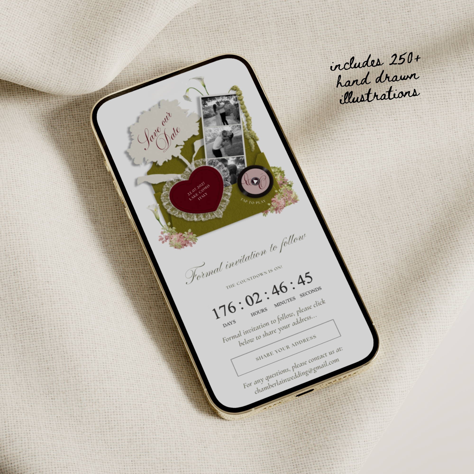 Save The Date Wedding Website Template (Envelope 04 - Olive Green & Burgundy)