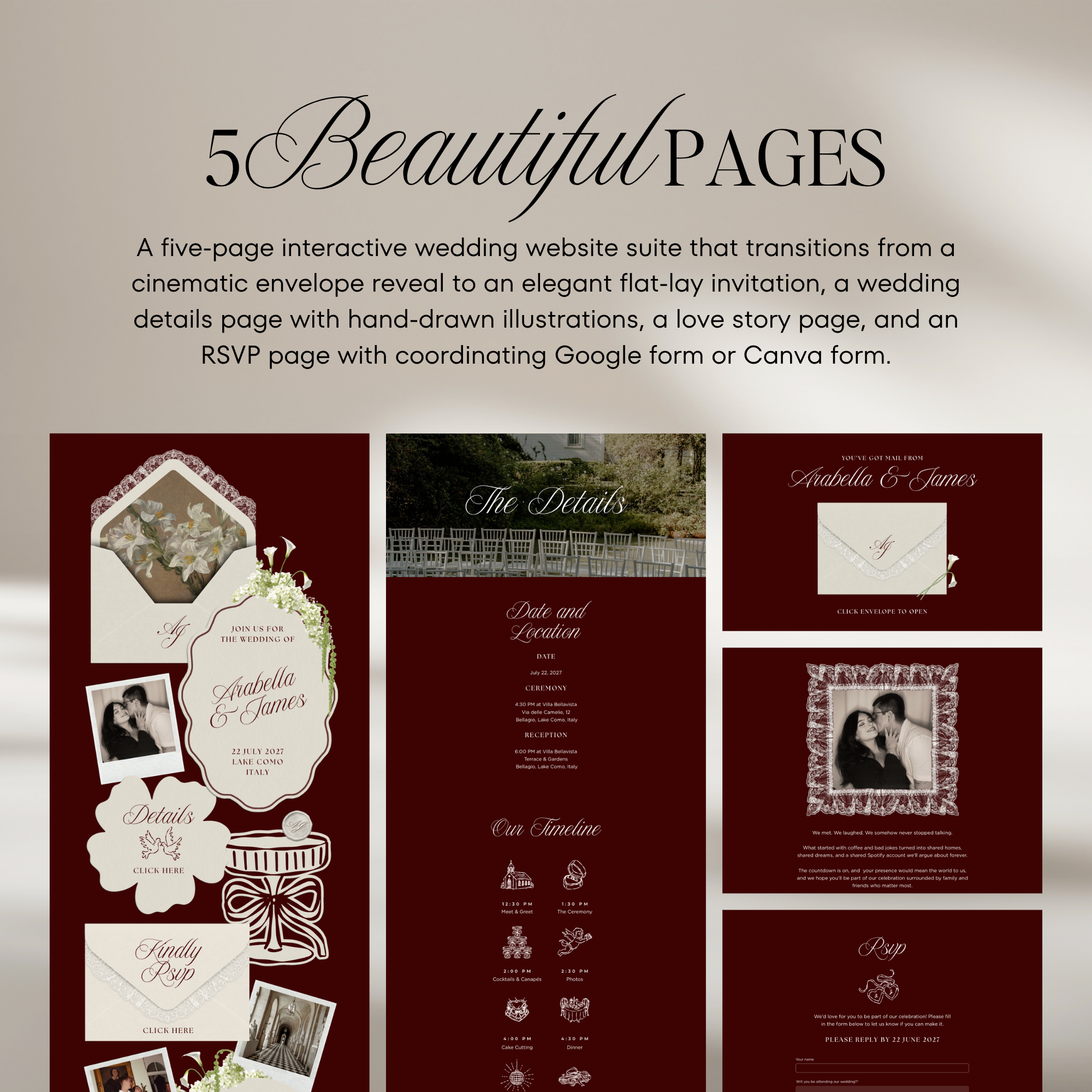 Old Money Wedding Website Template with RSVP (Burgundy)