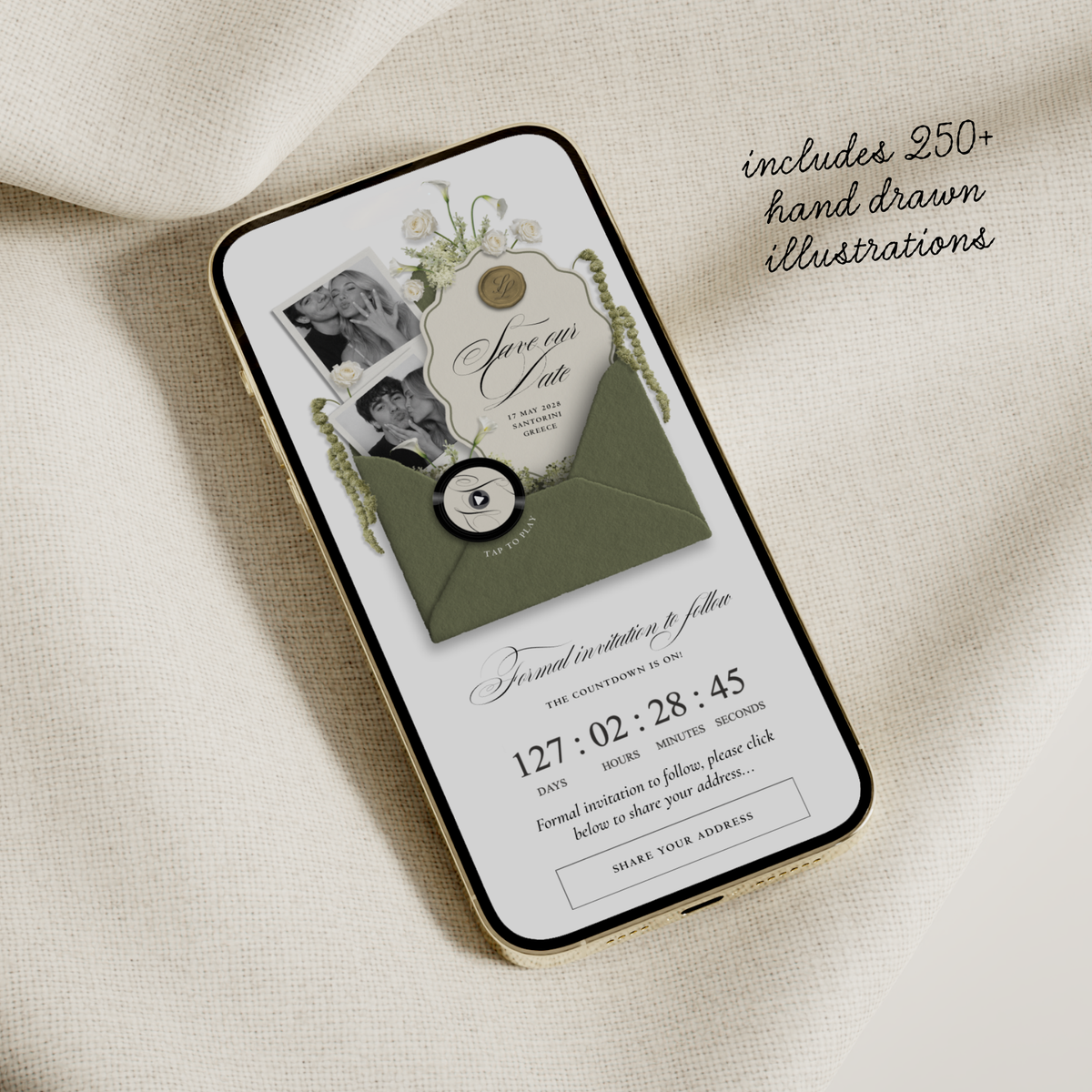 Save The Date Wedding Website Template (Envelope 06 - Sage Green + Ivory)