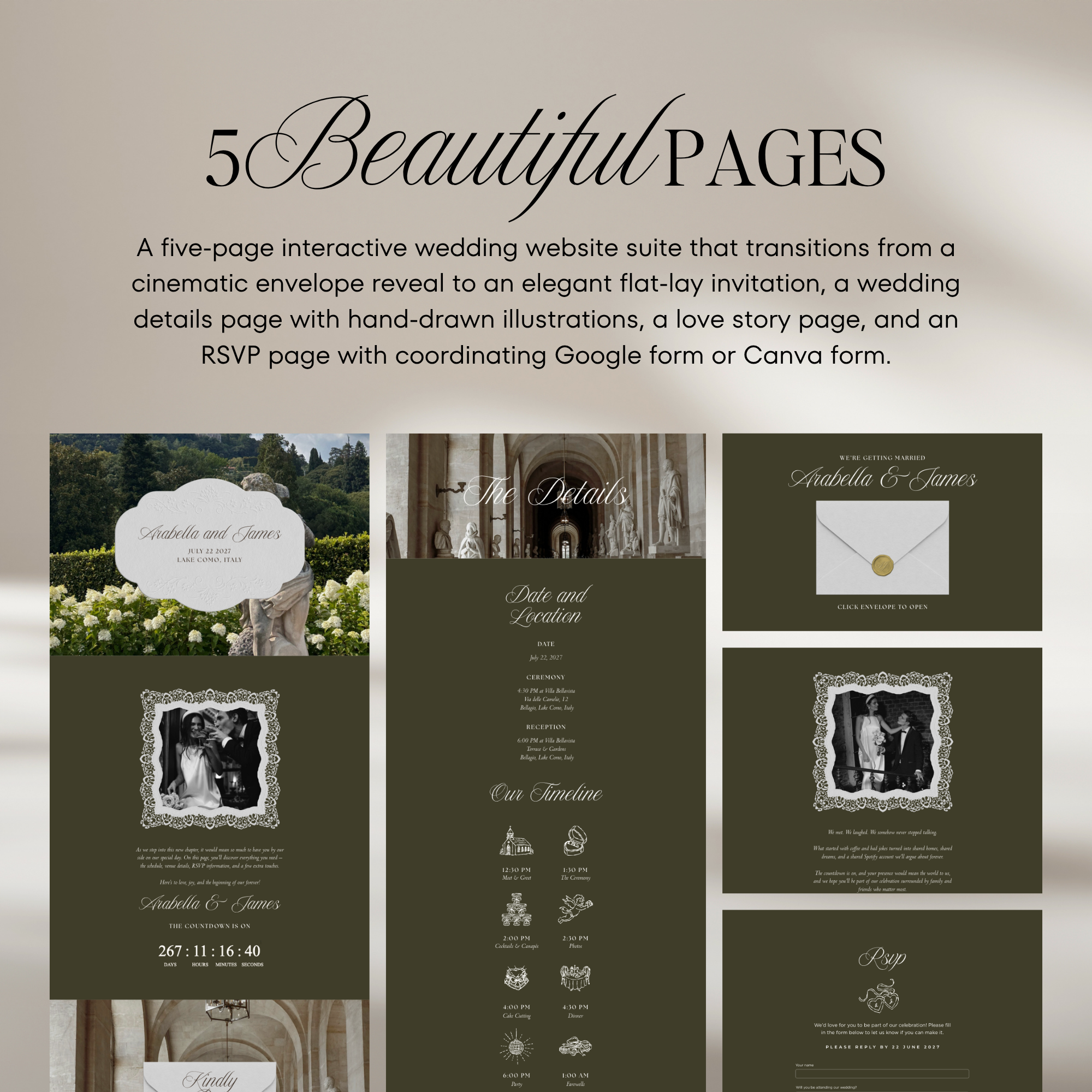 Old Money Wedding Website Template with RSVP (Olive)