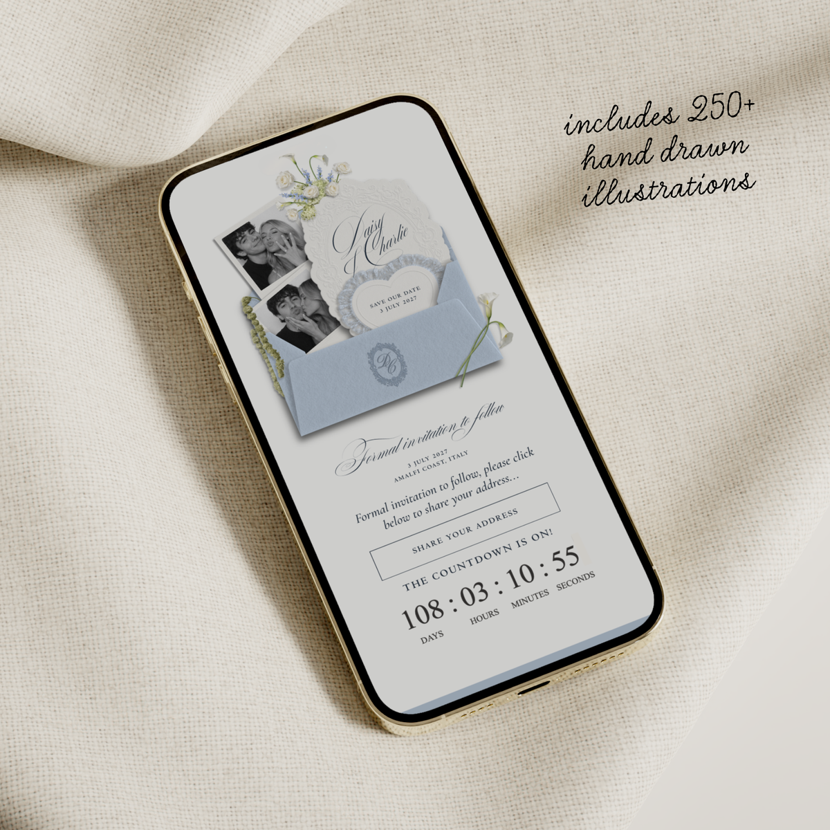 Save The Date Wedding Website Template (Envelope 07 - Blue + Ivory)
