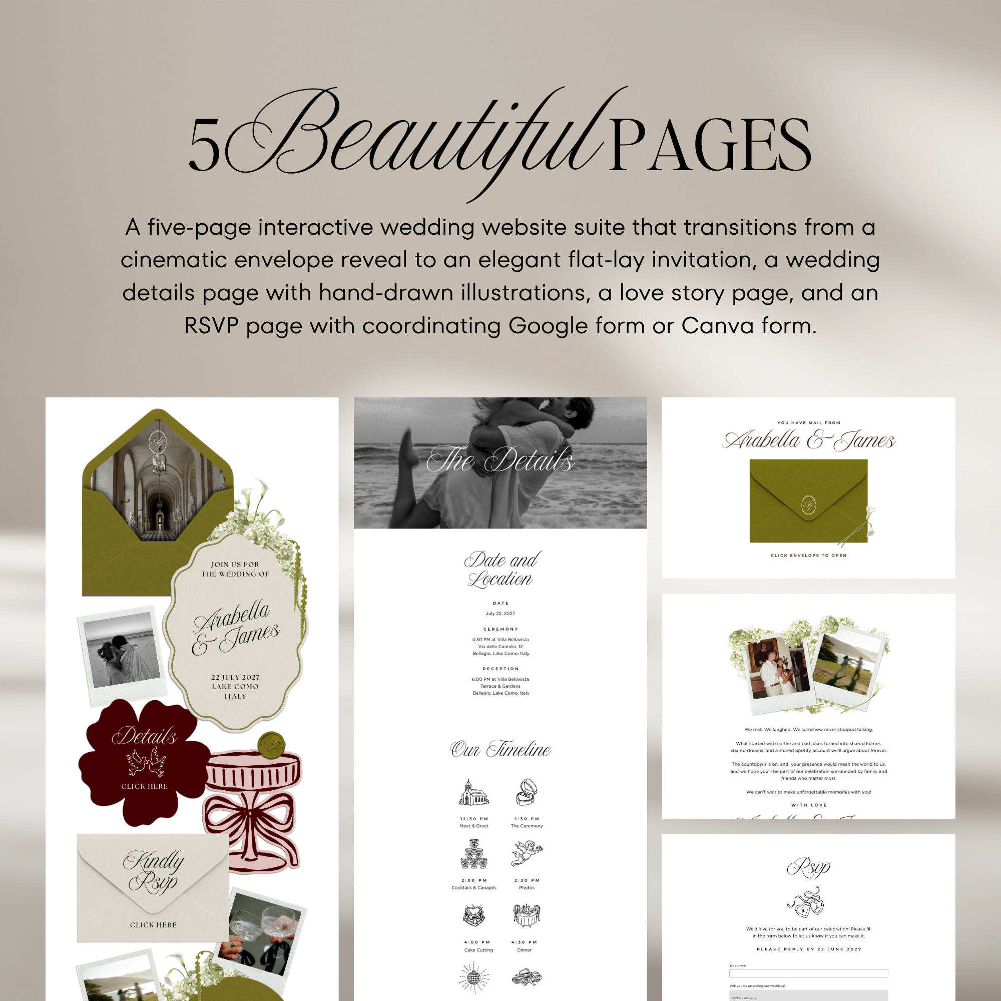Wedding Website Template with RSVP (Olive Green & Burgundy)