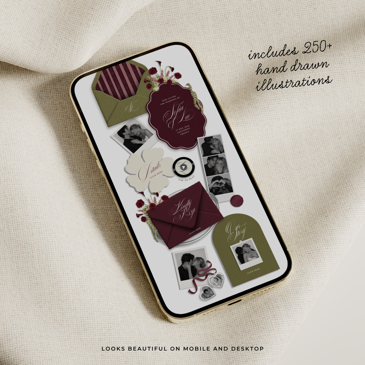Wedding Website Template with RSVP (Envelope 06 - Green + Burgundy)