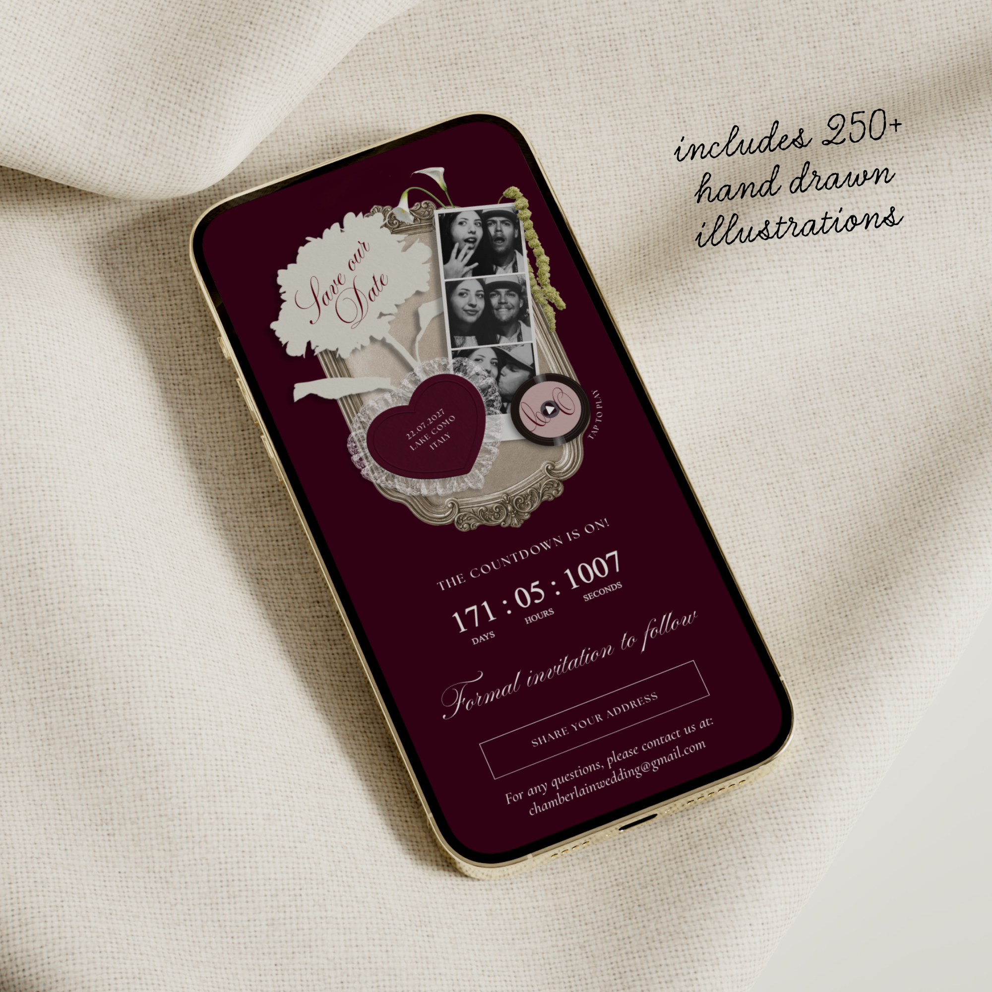 Save The Date Wedding Website Template (Photo Booth Animation 01 - Burgundy)