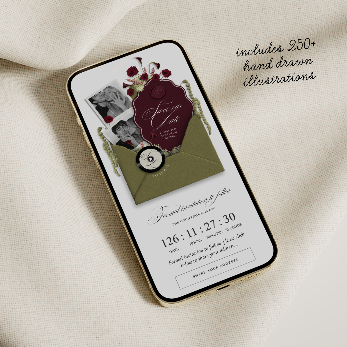 Save The Date Wedding Website Template (Envelope 06 - Green + Burgundy)