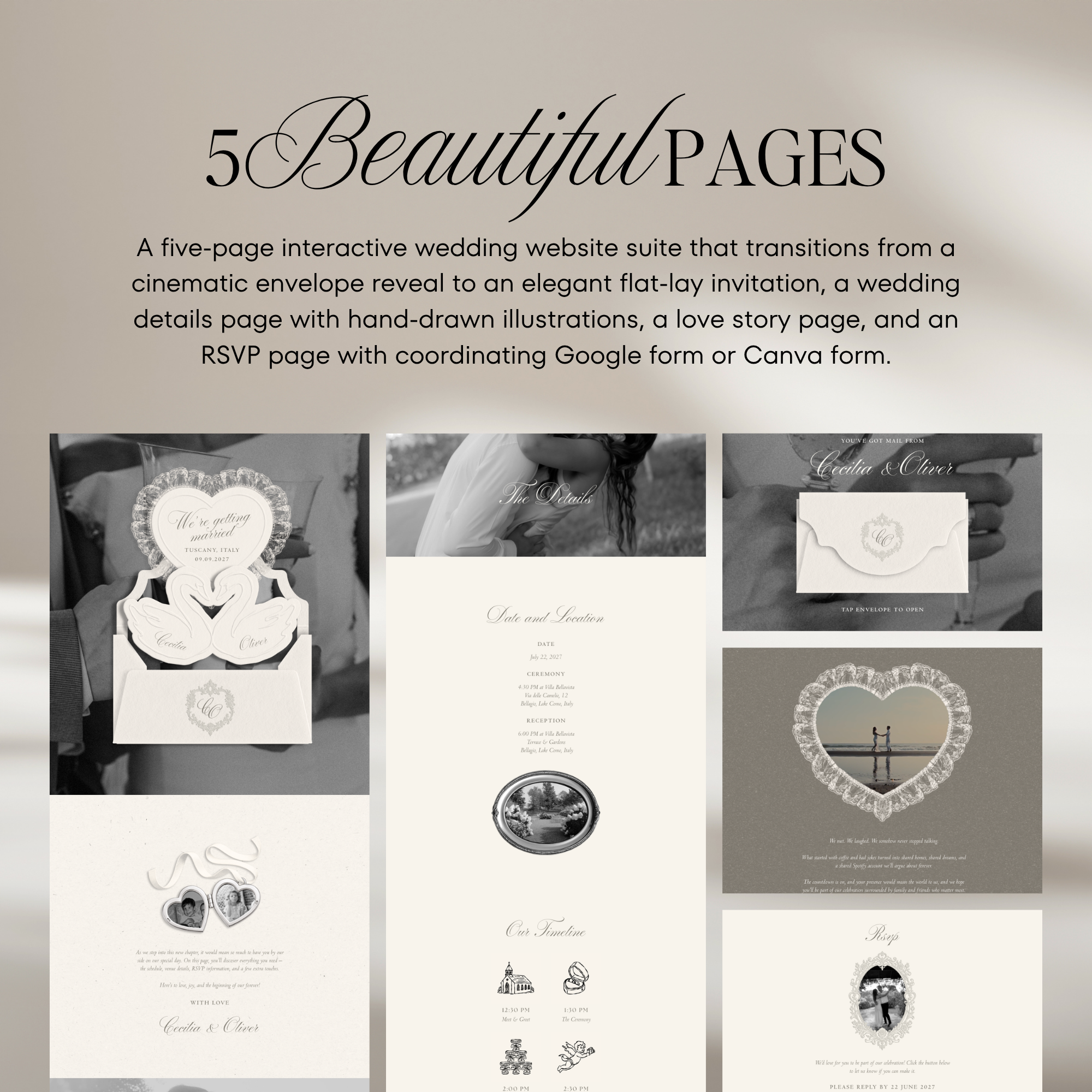 Heirloom Lace & Swan Wedding Website Template with RSVP (Ivory 02)