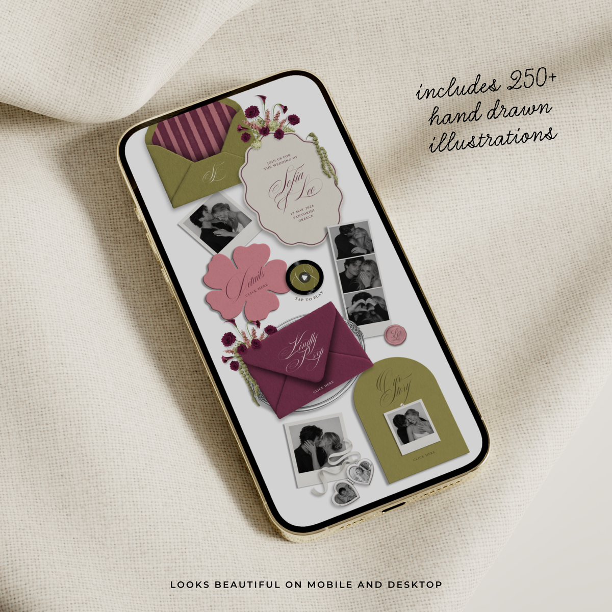 Wedding Website Template with RSVP (Envelope 06 - Chartreuse, Pink + Burgundy)