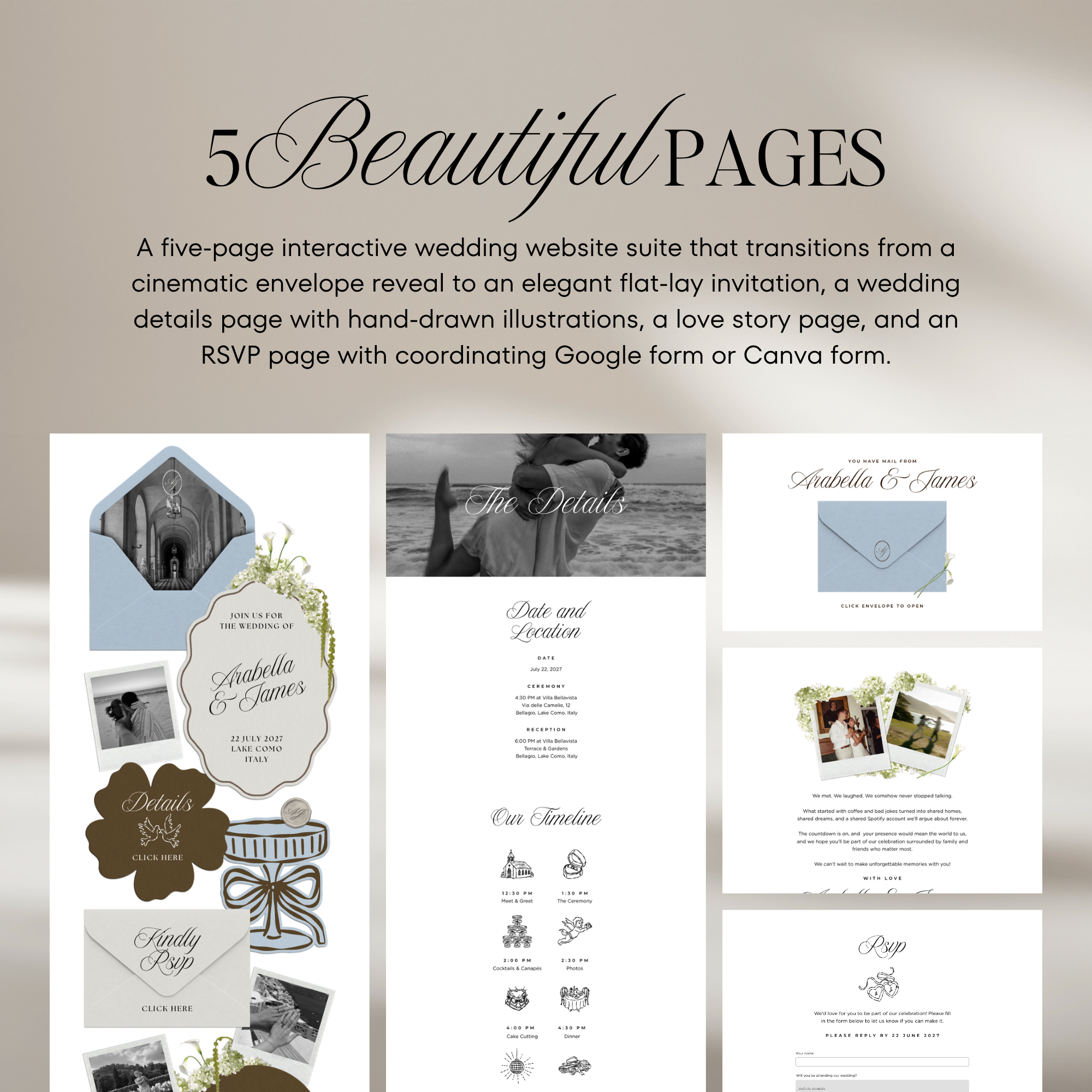 Wedding Website Template with RSVP (Brown & Dusty Blue)