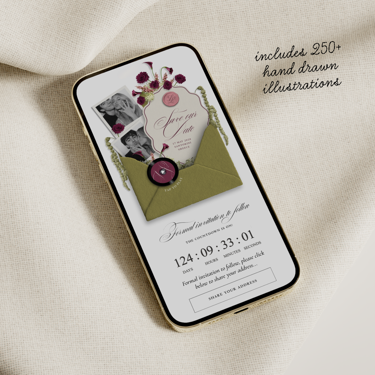 Save The Date Wedding Website Template (Envelope 06 - Chartreuse, Pink + Burgundy)