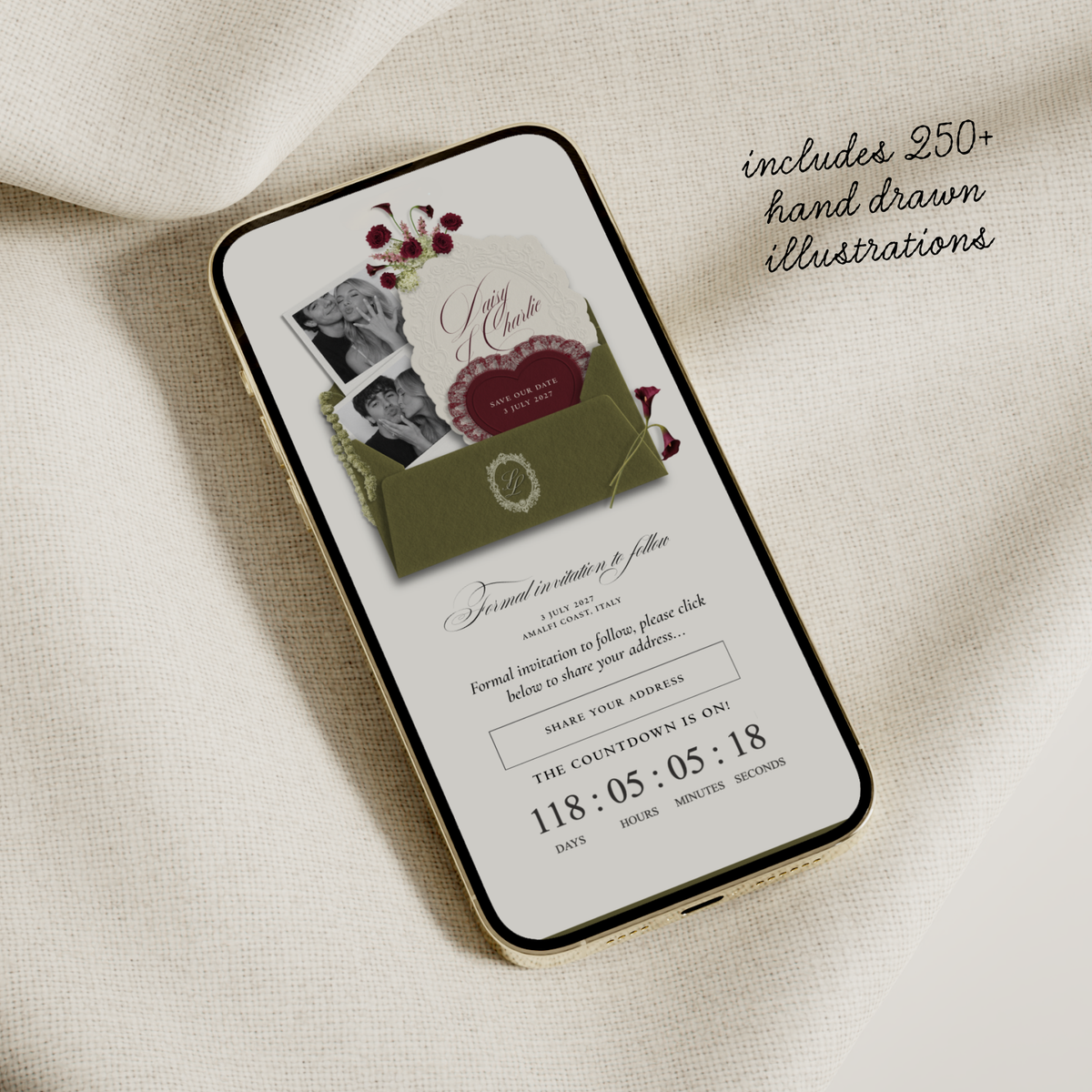 Save The Date Wedding Website Template (Envelope 07 - Green + Burgundy)