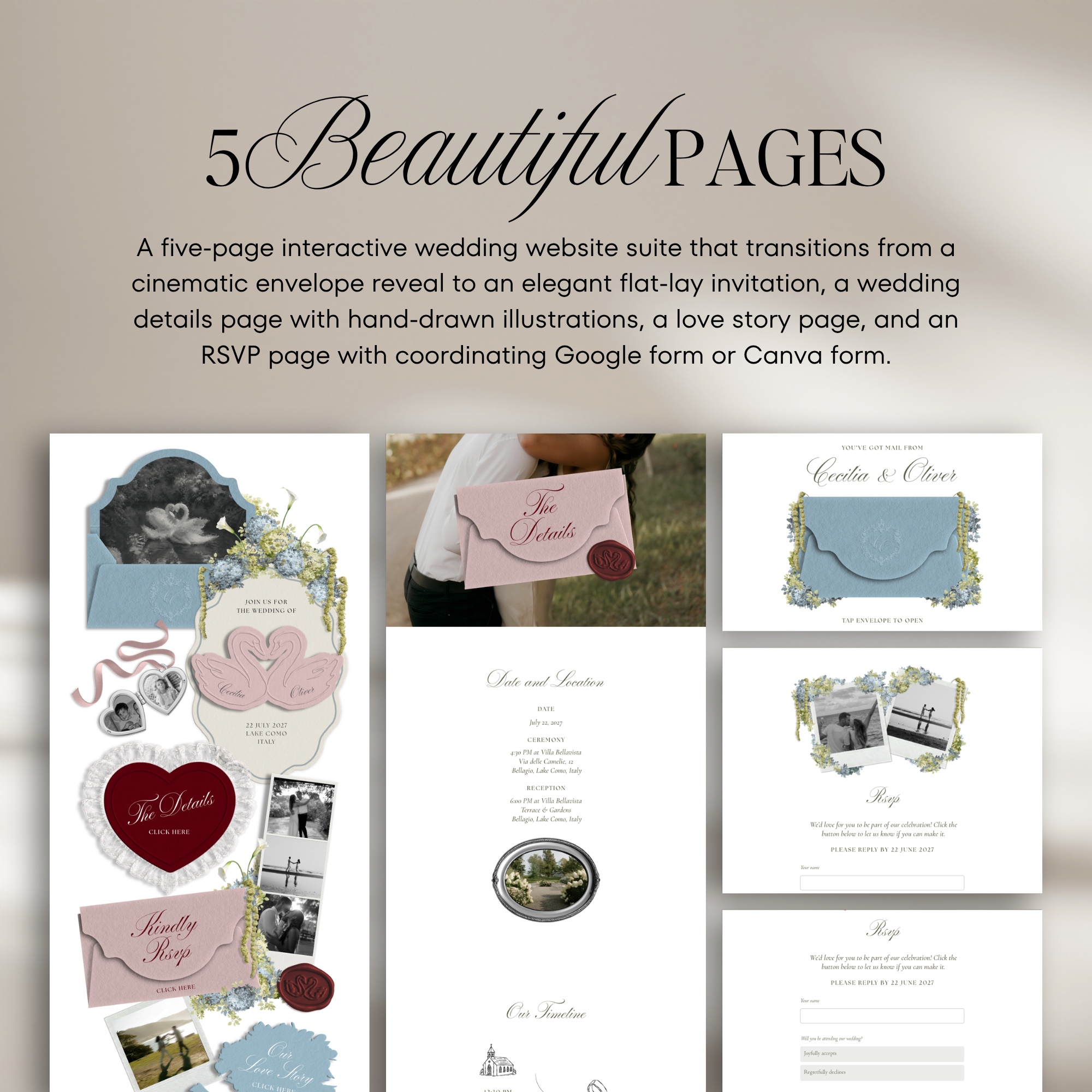 Wedding Website Template with RSVP (Envelope 04 - Blue & Pink)