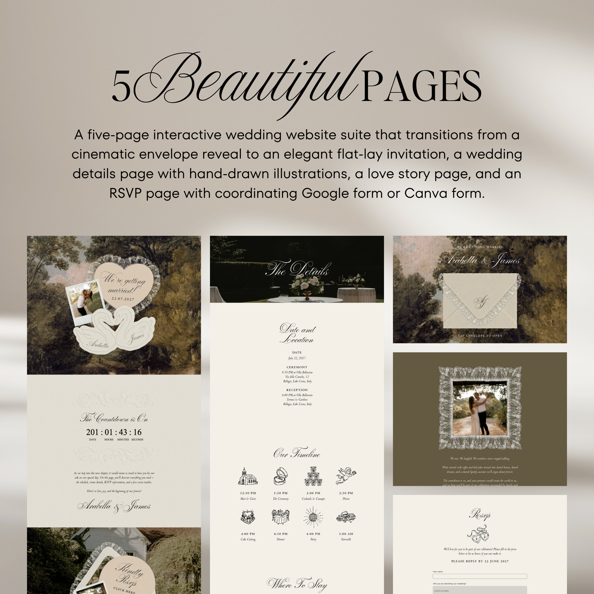Old Money Lace Wedding Website Template with RSVP (Lace 03)
