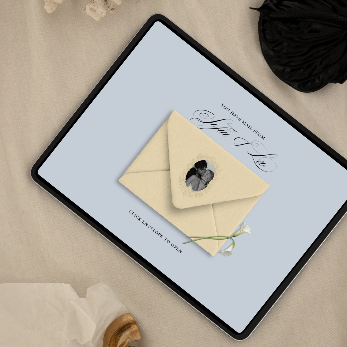 Save The Date Wedding Website Template (Envelope 05 - Yellow, Blue + Brown)