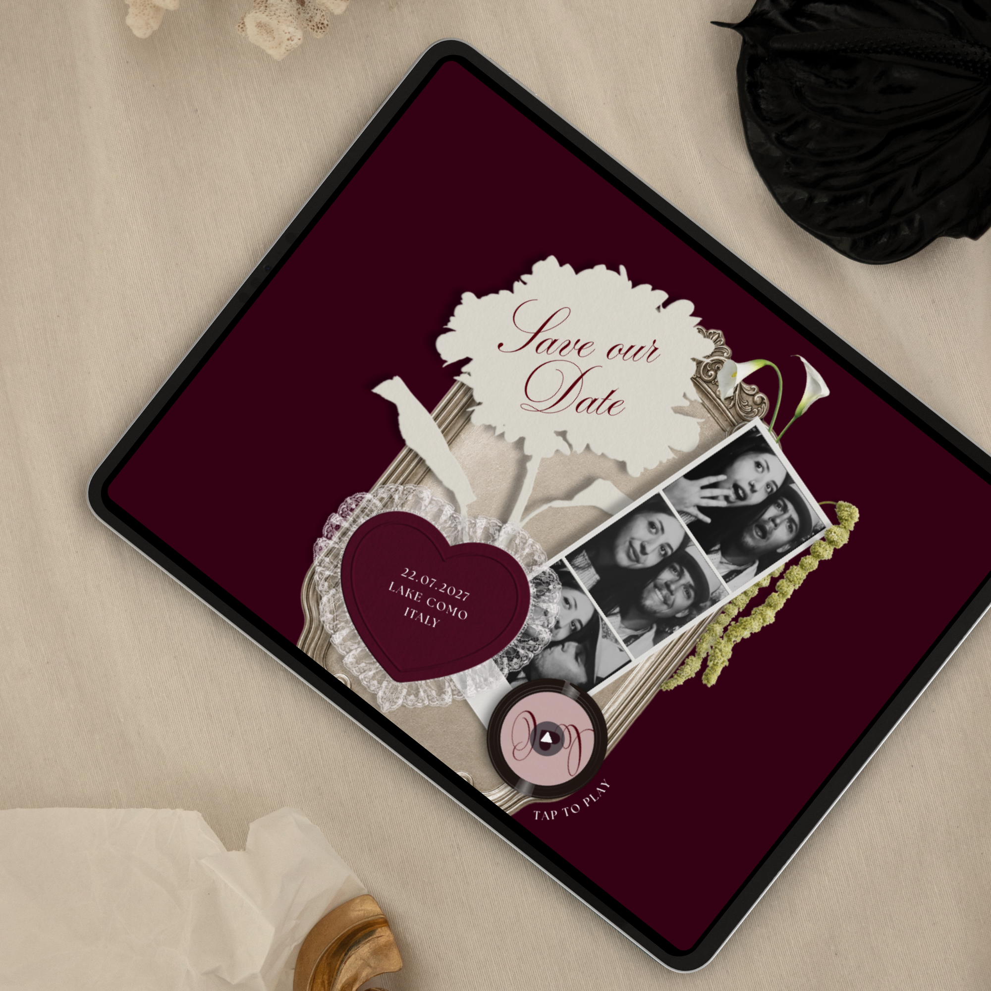 Save The Date Wedding Website Template (Photo Booth Animation 01 - Burgundy)