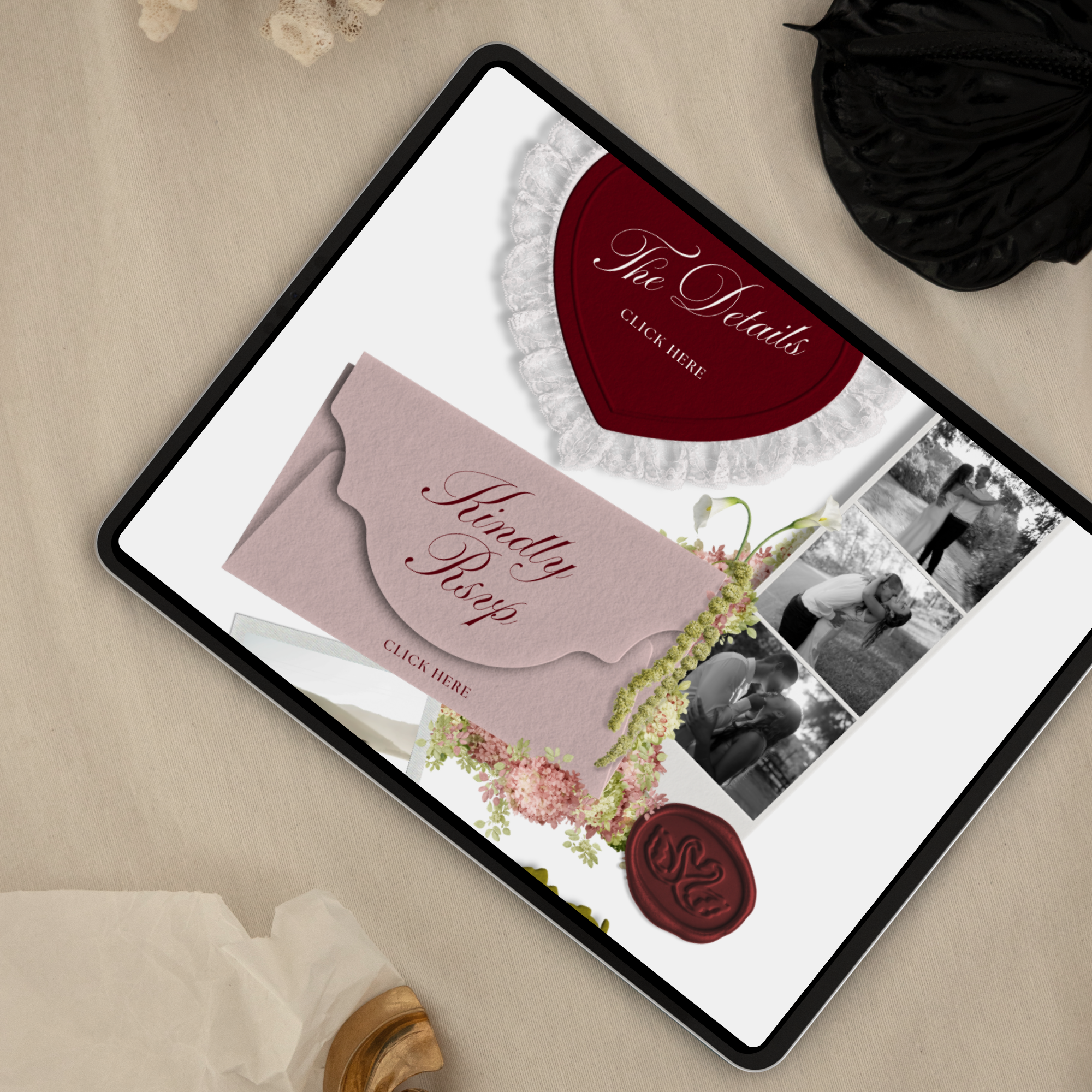 Wedding Website Template with RSVP (Envelope 04 - Olive Green & Burgundy)