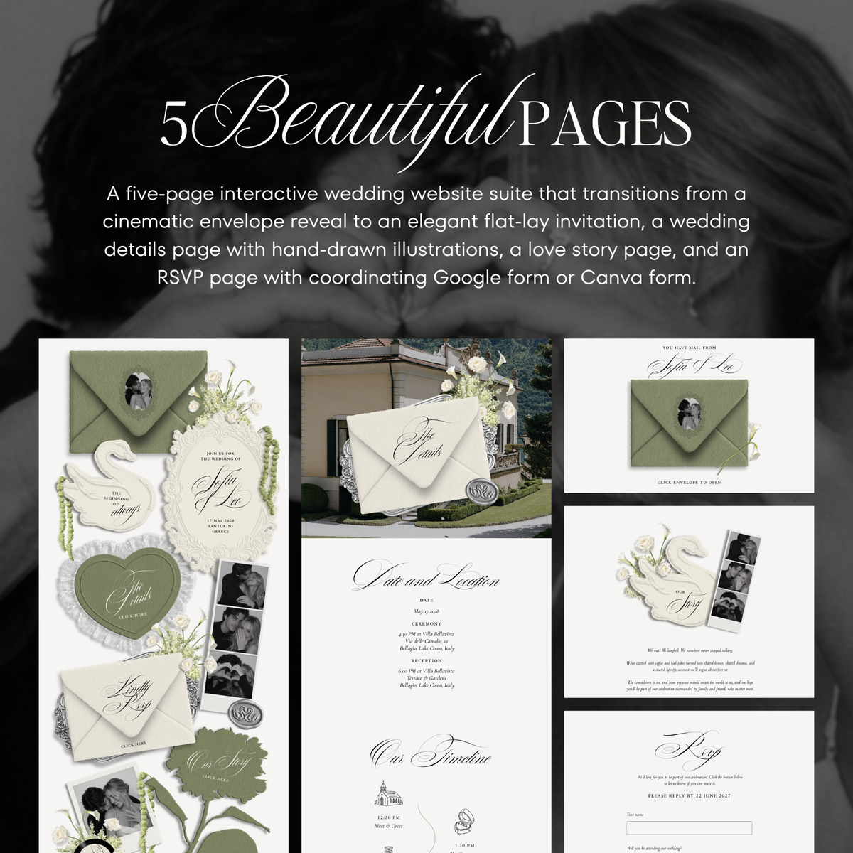 Wedding Website Template with RSVP (Envelope 05 - Sage Green + Ivory)