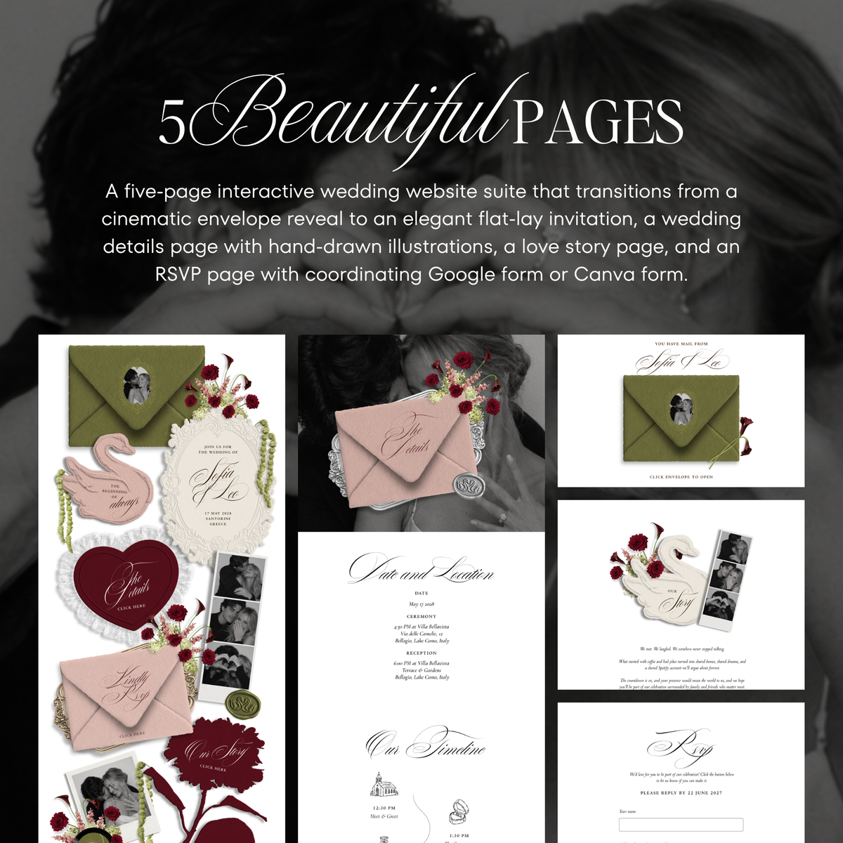 Wedding Website Template with RSVP (Envelope 05 - Green, Pink + Burgundy)