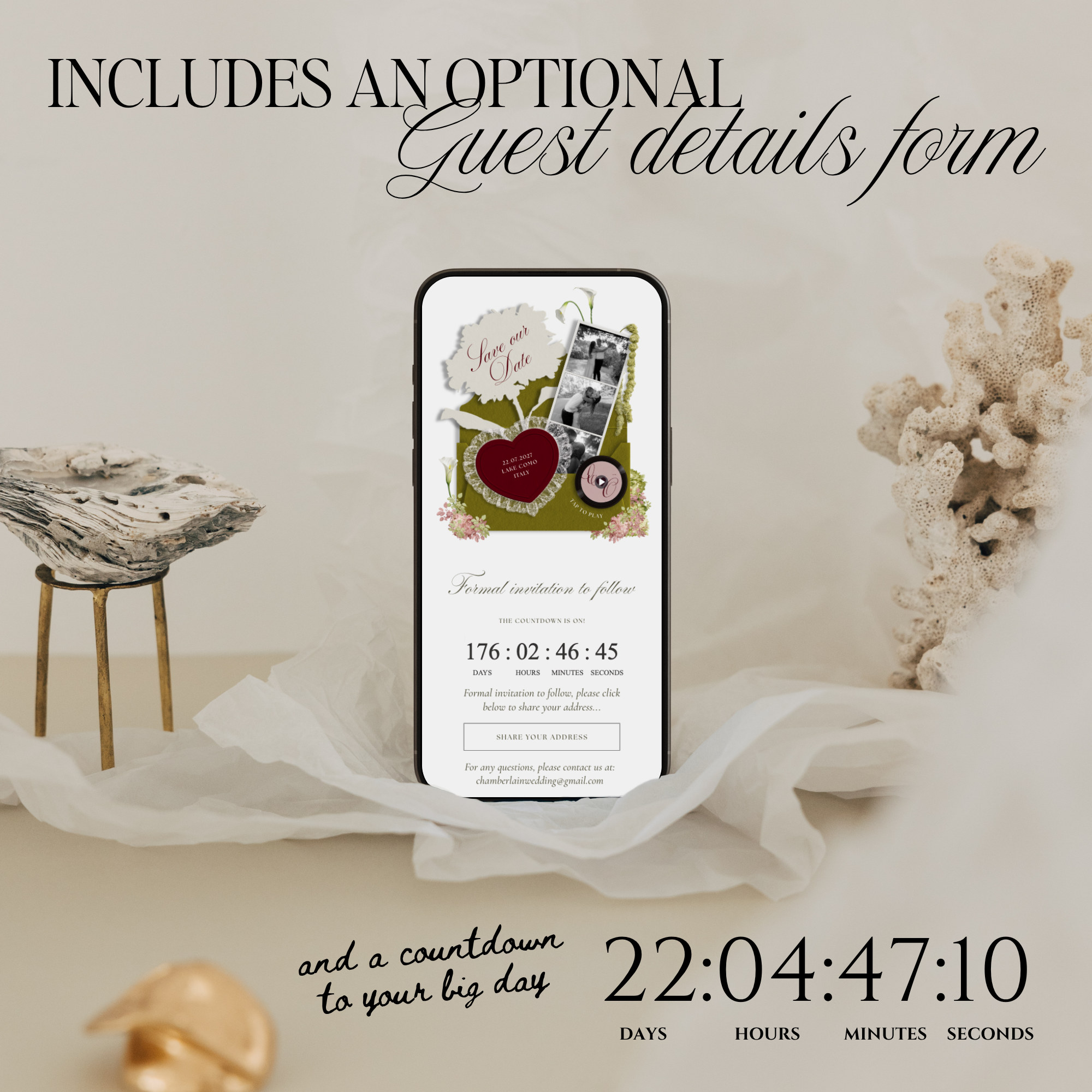 Save The Date Wedding Website Template (Envelope 04 - Olive Green & Burgundy)