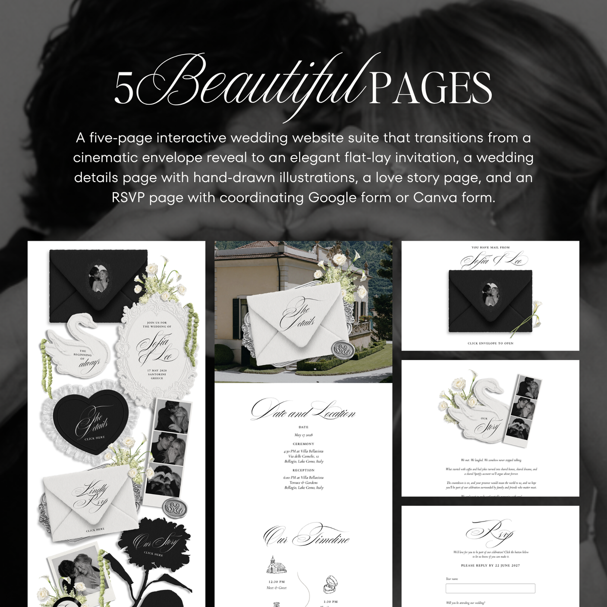 Wedding Website Template with RSVP (Envelope 05 - Black & White)