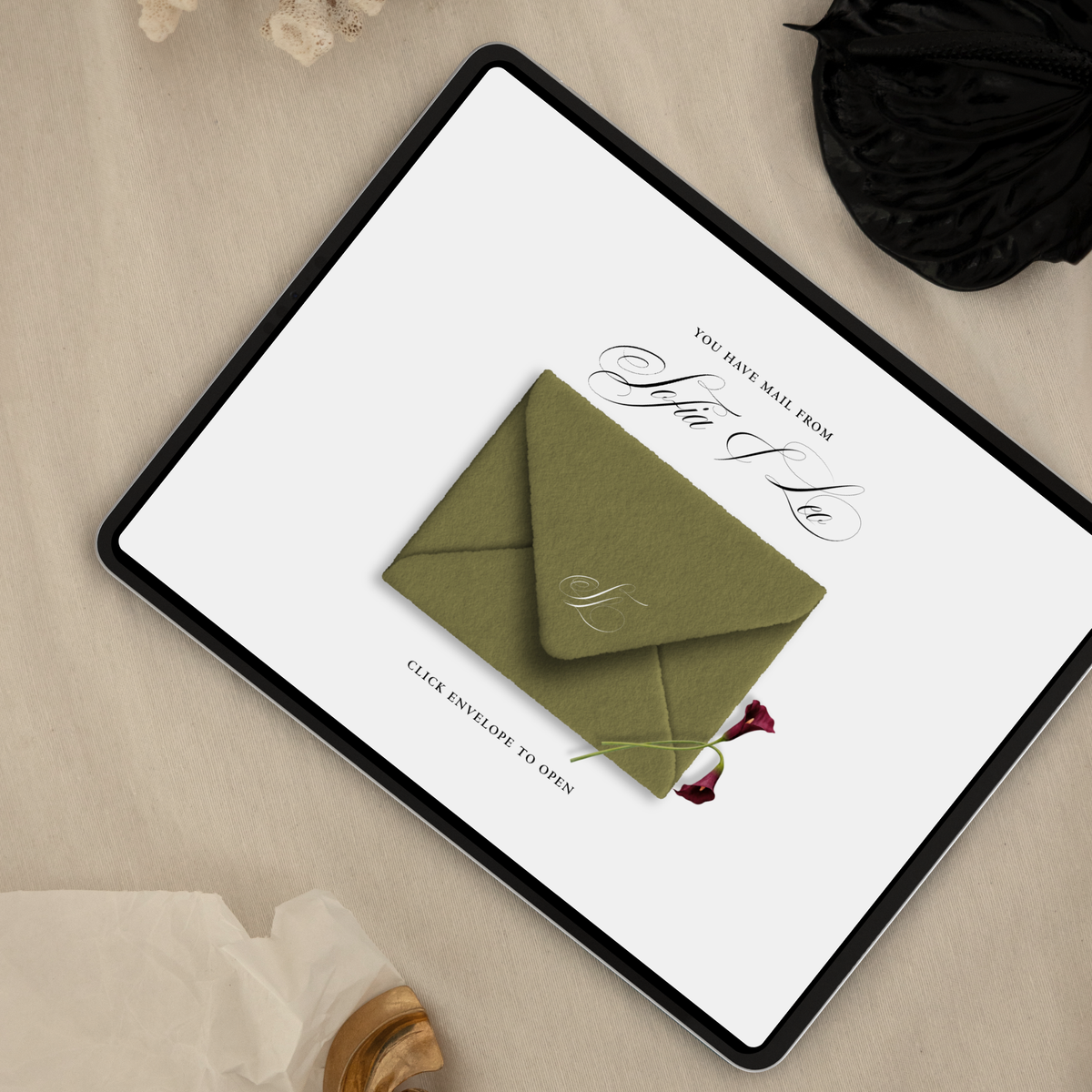 Save The Date Wedding Website Template (Envelope 06 - Green + Burgundy)