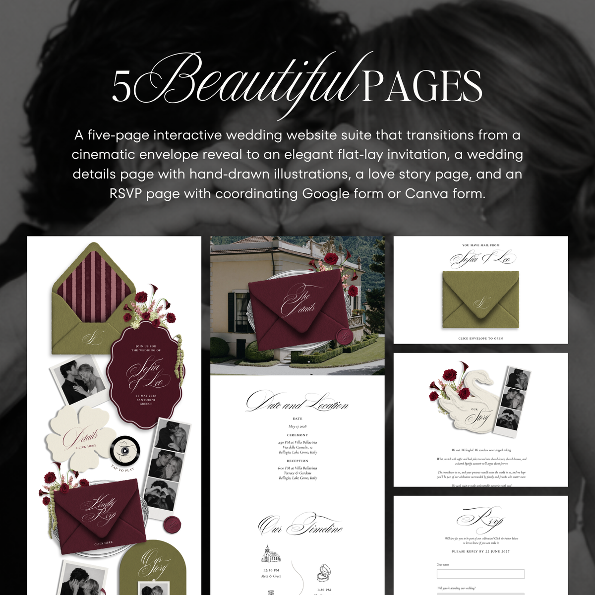 Wedding Website Template with RSVP (Envelope 06 - Green + Burgundy)