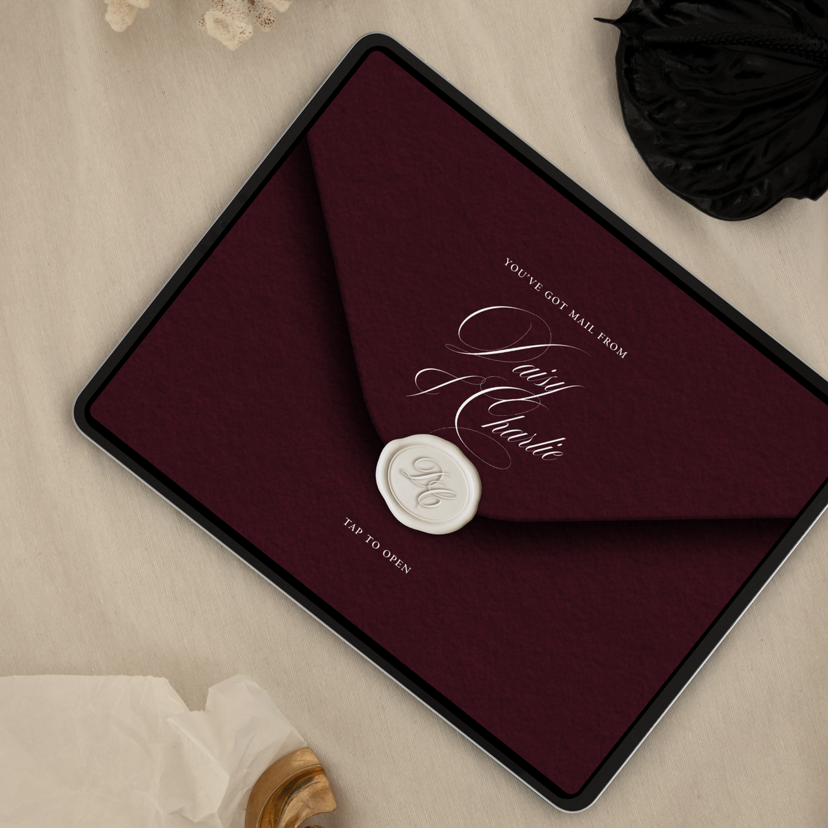 Save The Date Wedding Website Template (Envelope 07 - Burgundy + Ivory)