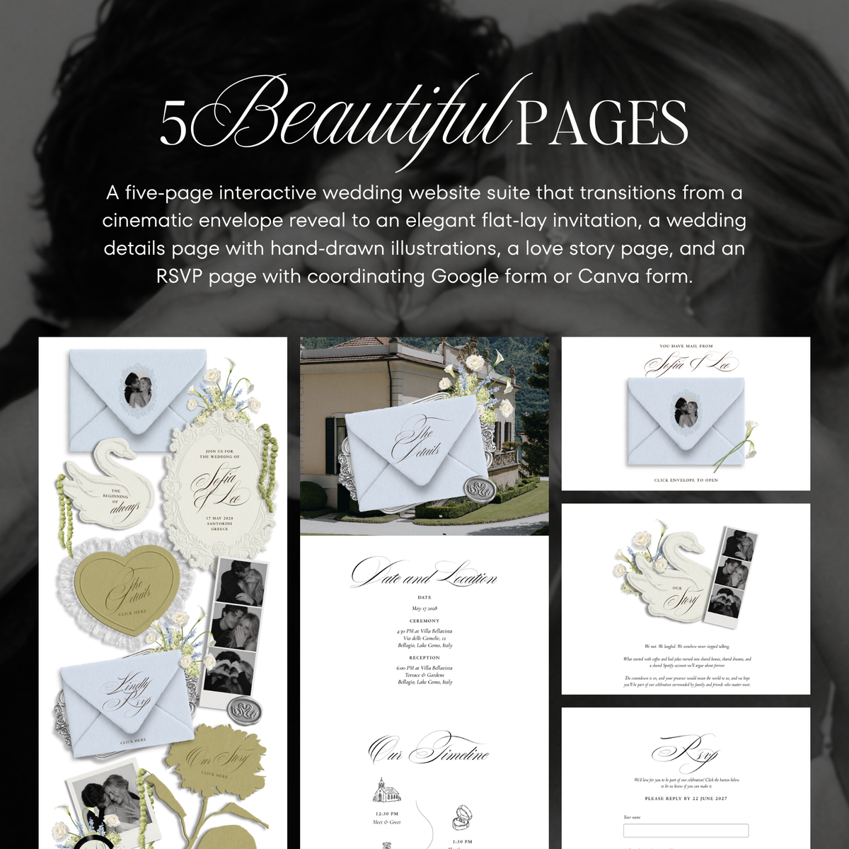Wedding Website Template with RSVP (Envelope 05 - Blue + Green)