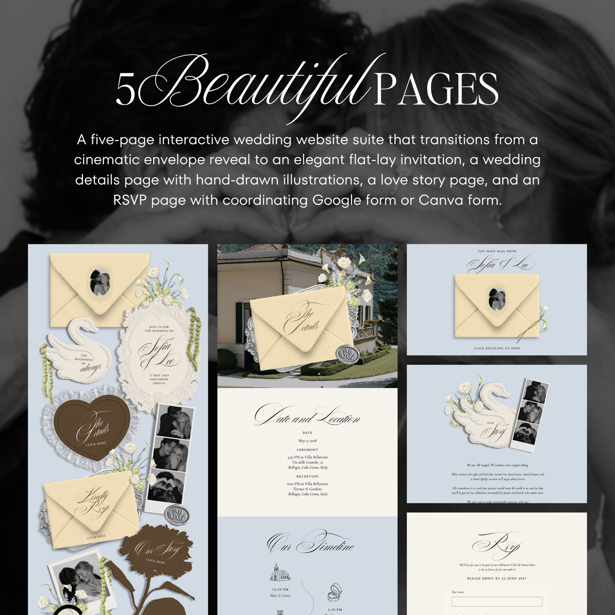 Wedding Website Template with RSVP (Envelope 05 - yellow, blue + brown)