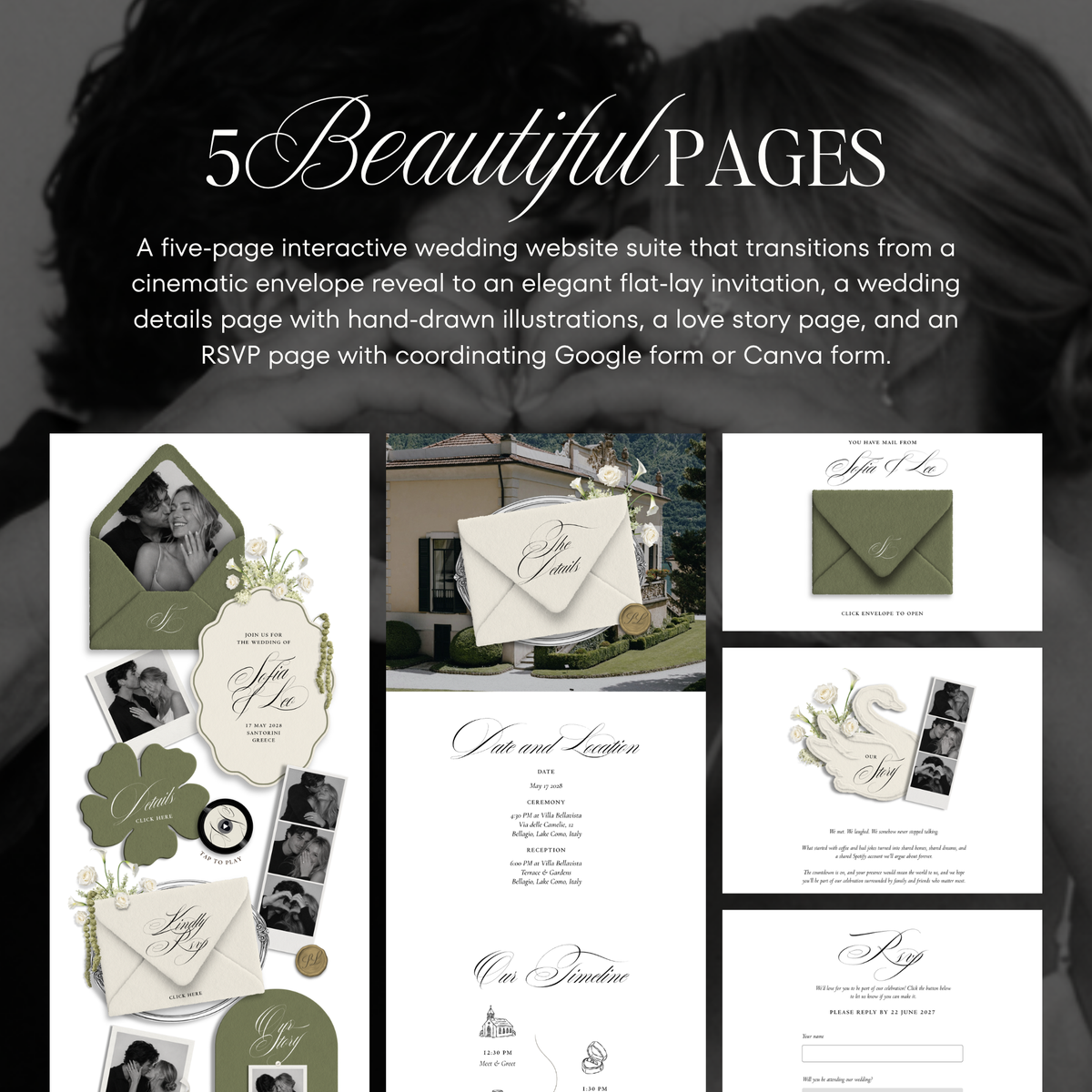 Wedding Website Template with RSVP (Envelope 06 - Sage Green + Ivory)