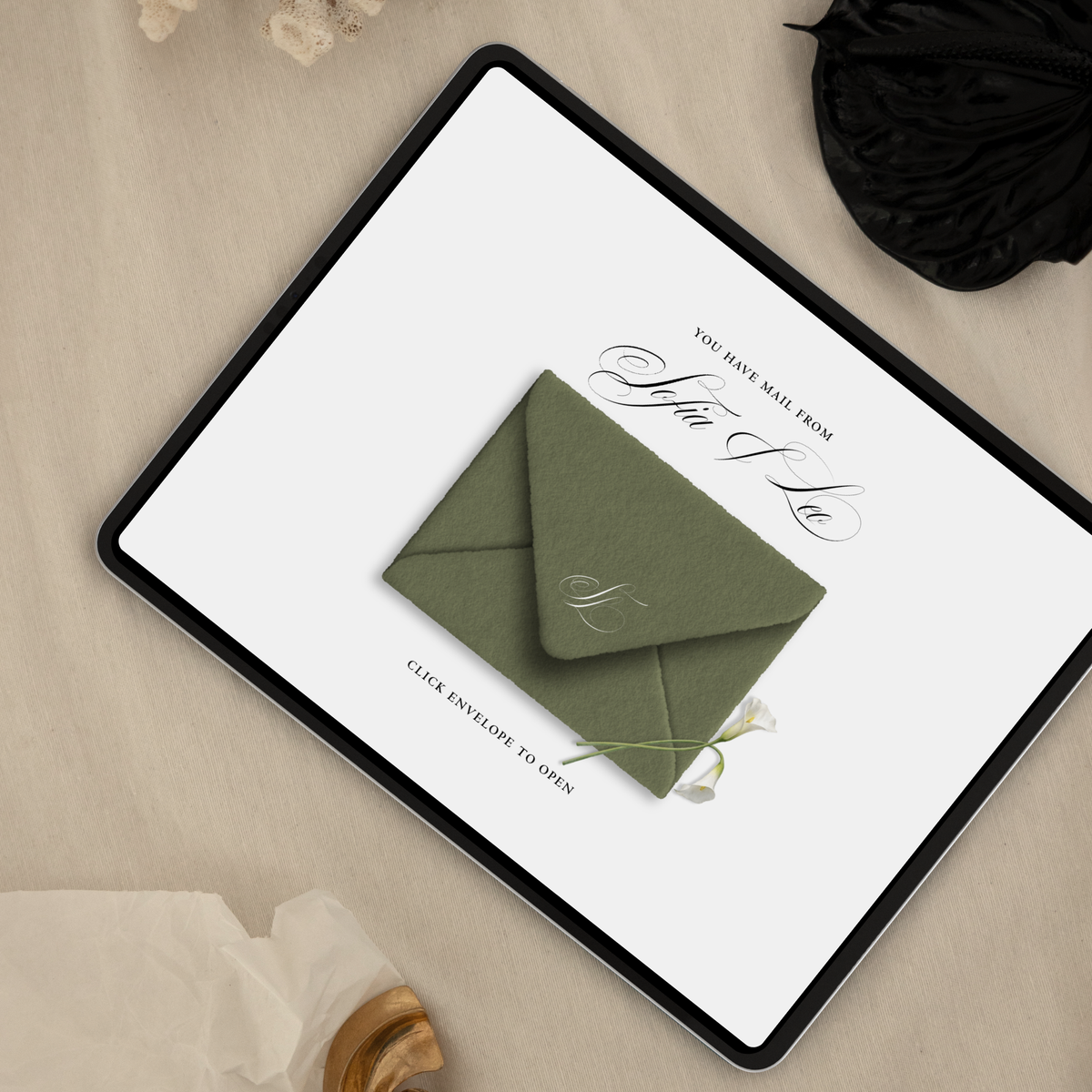 Save The Date Wedding Website Template (Envelope 06 - Sage Green + Ivory)