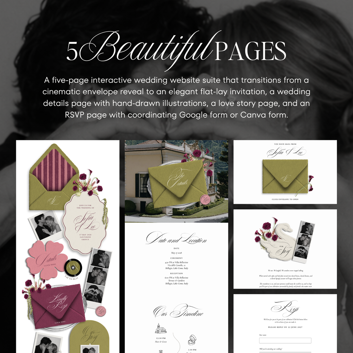 Wedding Website Template with RSVP (Envelope 06 - Chartreuse, Pink + Burgundy)