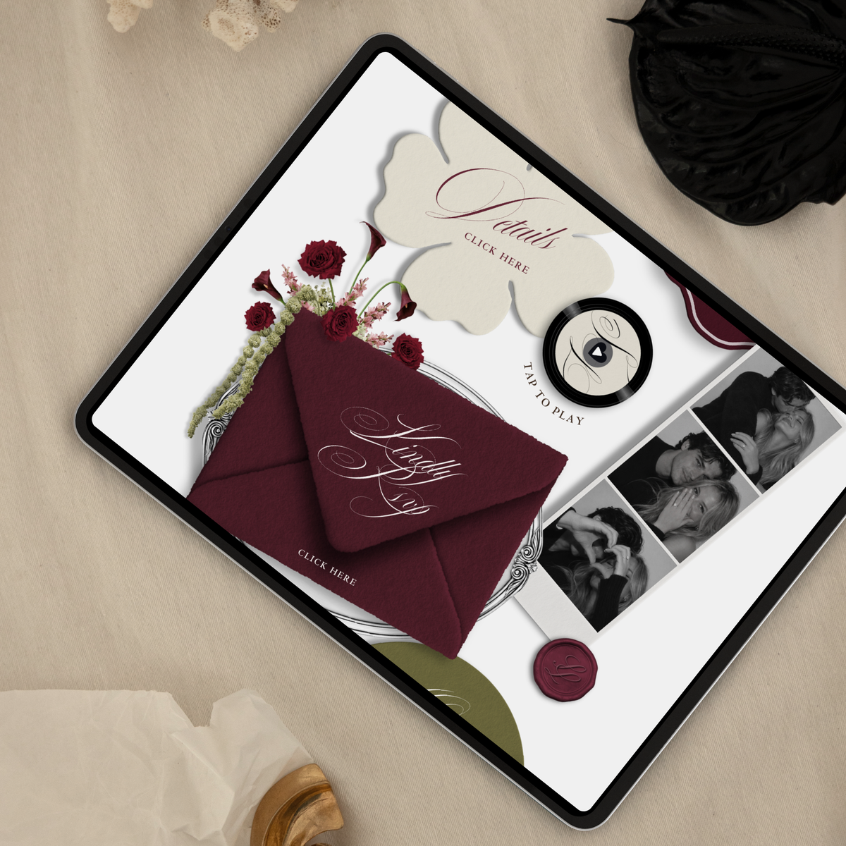 Wedding Website Template with RSVP (Envelope 06 - Green + Burgundy)