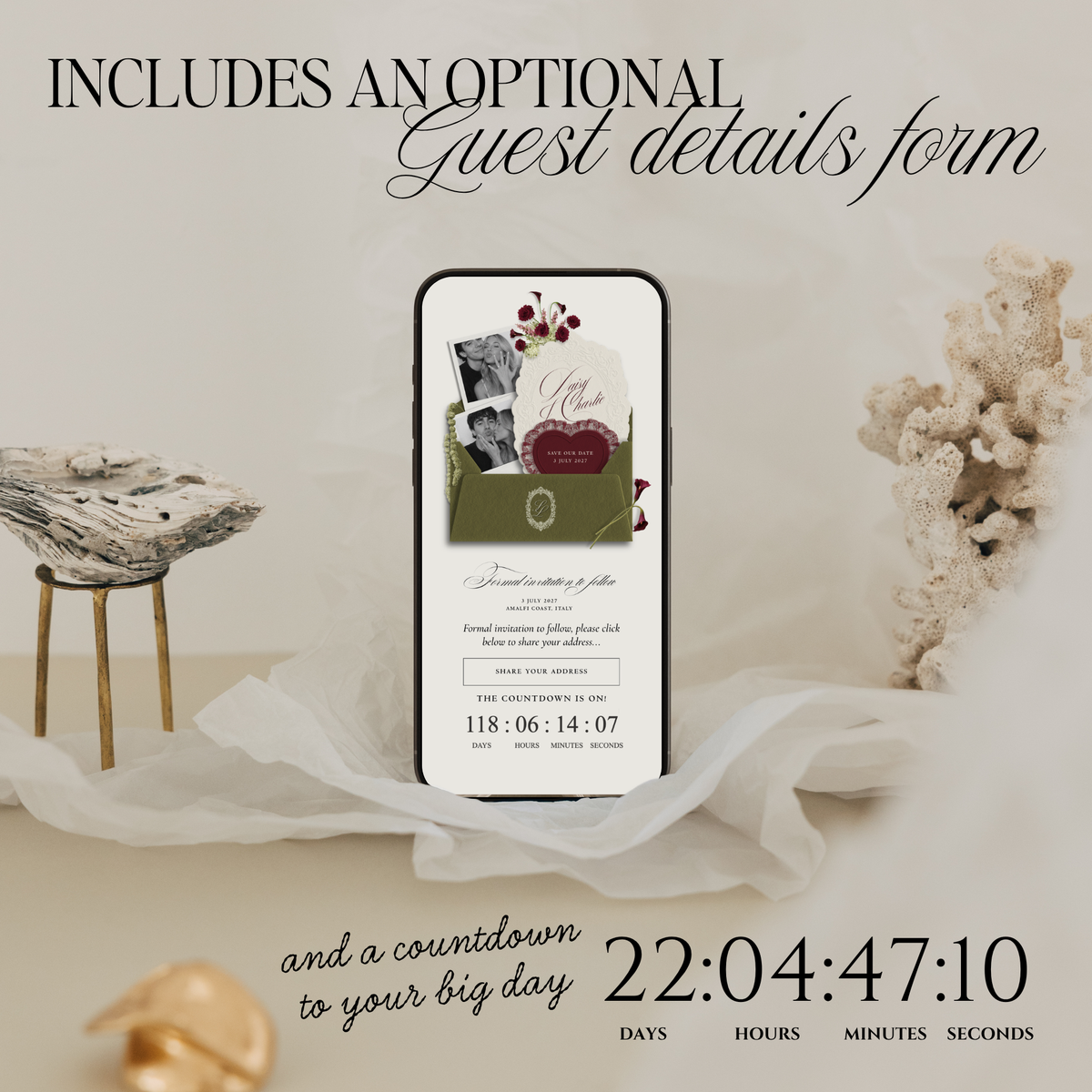 Save The Date Wedding Website Template (Envelope 07 - Green + Burgundy)