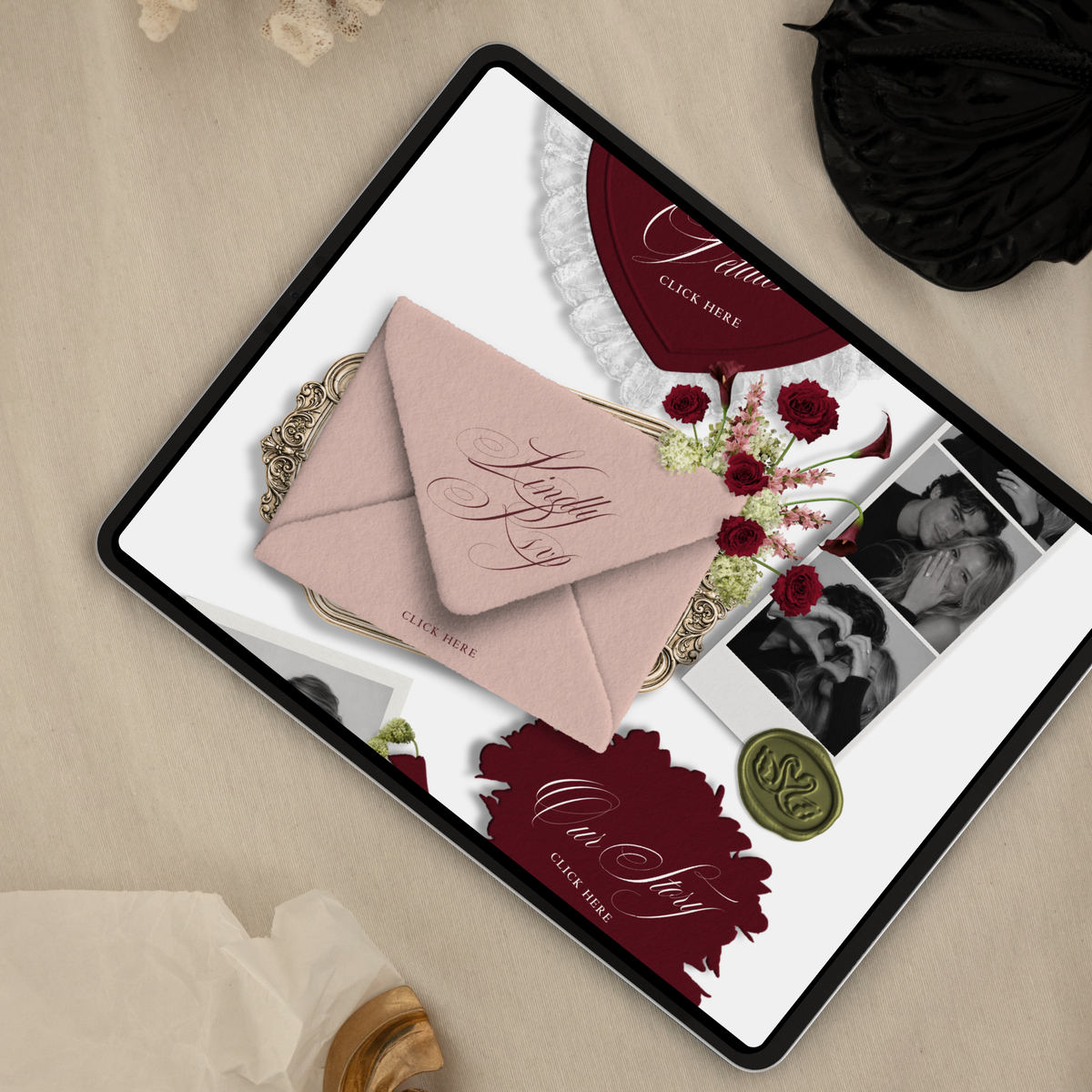 Wedding Website Template with RSVP (Envelope 05 - Green, Pink + Burgundy)