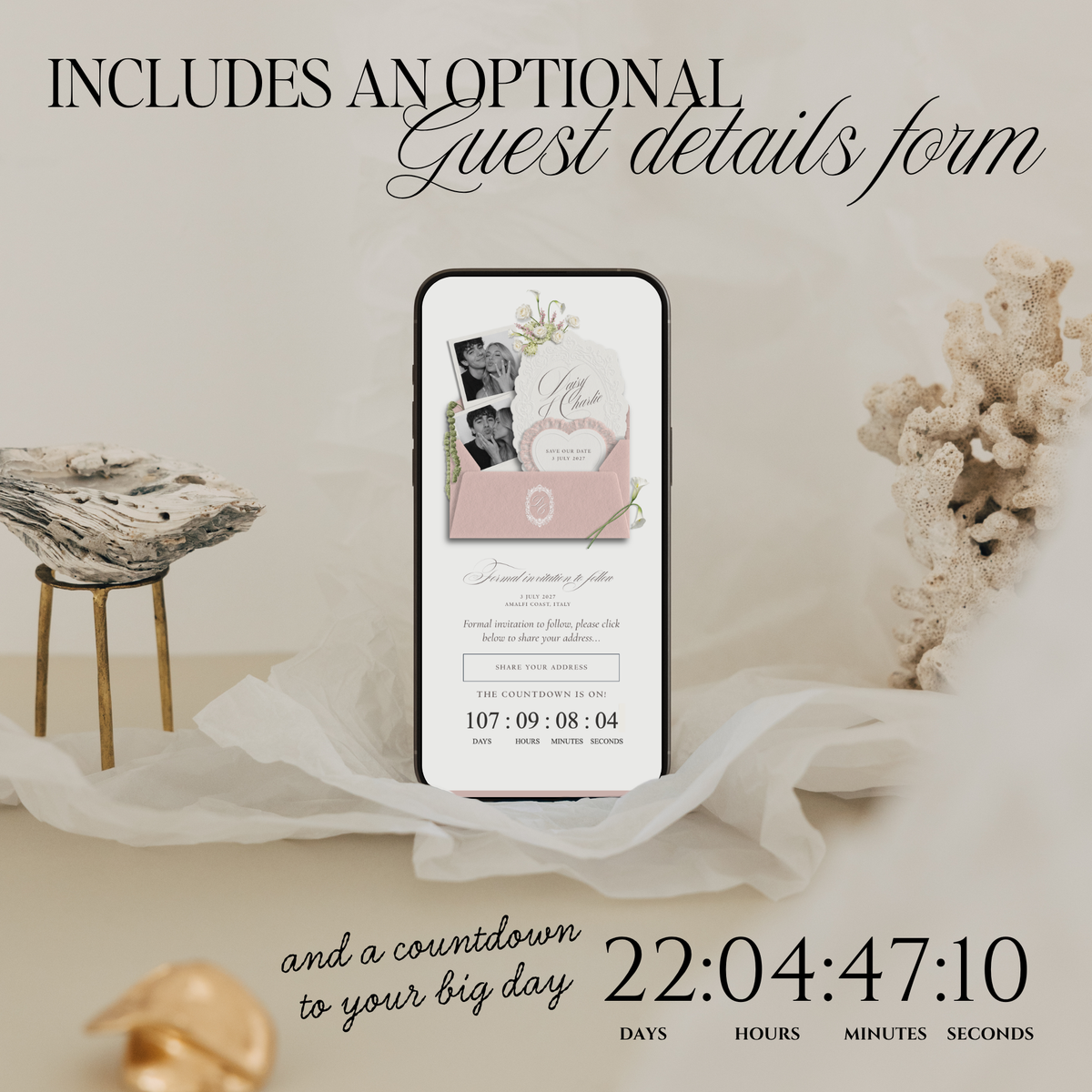 Save The Date Wedding Website Template (Envelope 07 - Pink + Ivory)