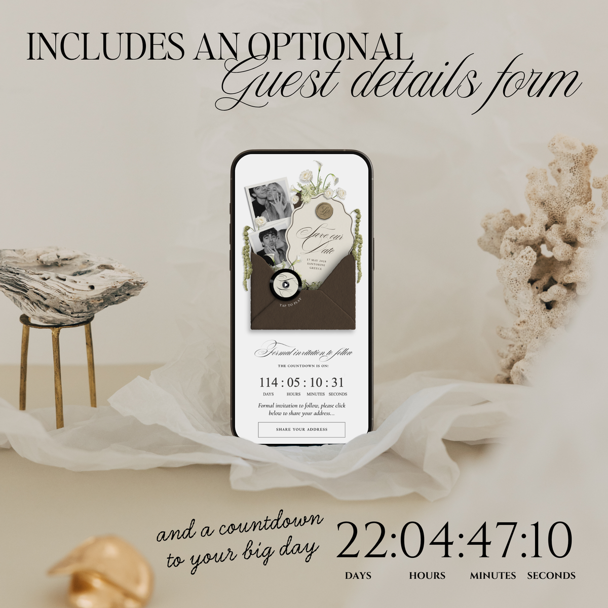 Save The Date Wedding Website Template (Envelope 06 - Brown + Ivory)