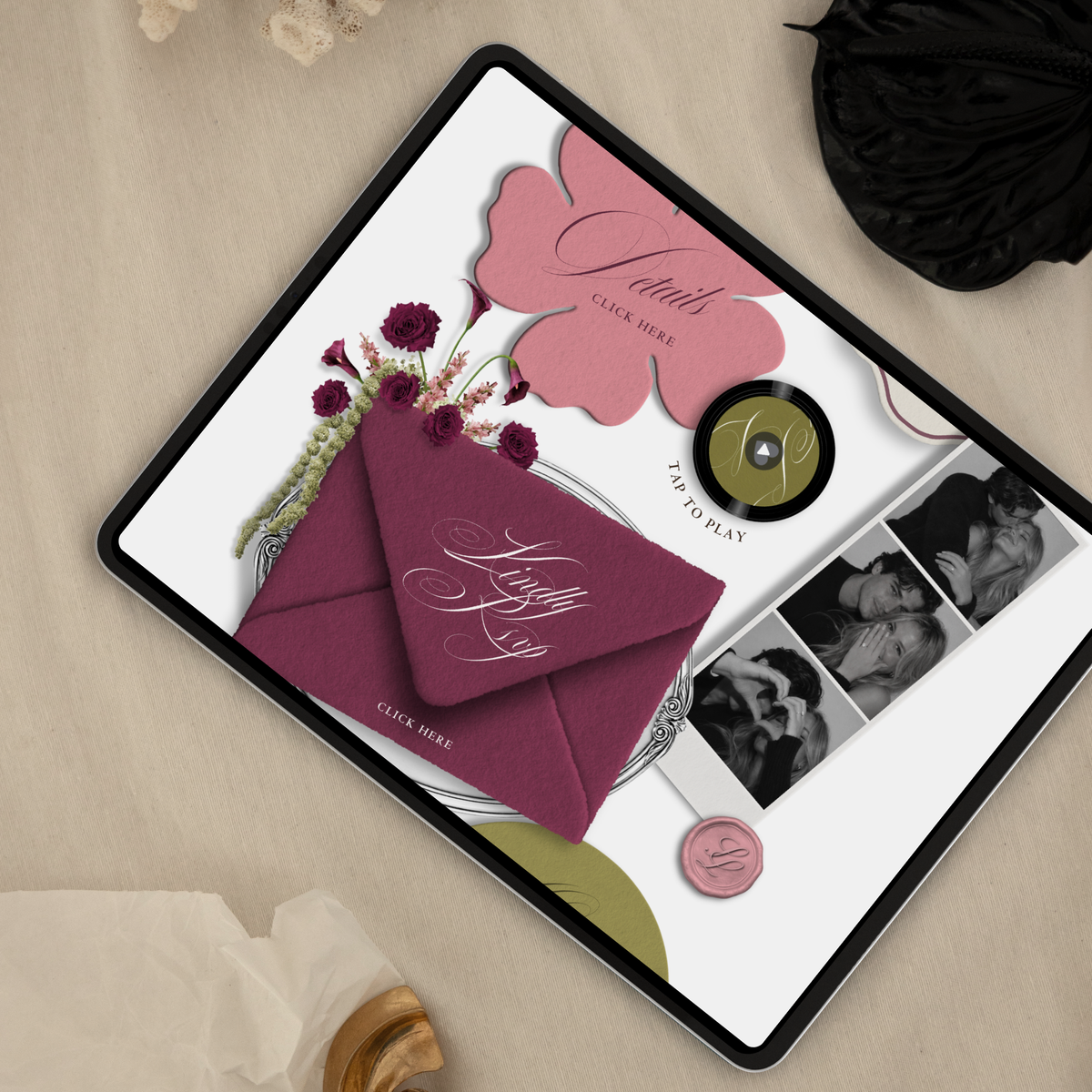 Wedding Website Template with RSVP (Envelope 06 - Chartreuse, Pink + Burgundy)